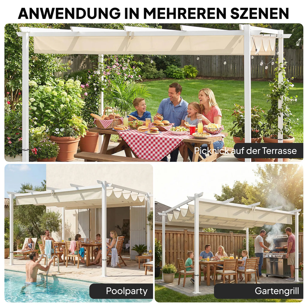 Terasos pergola su slankiojančiu stogu – 3 × 4 m, smėlio spalvos, šviesi