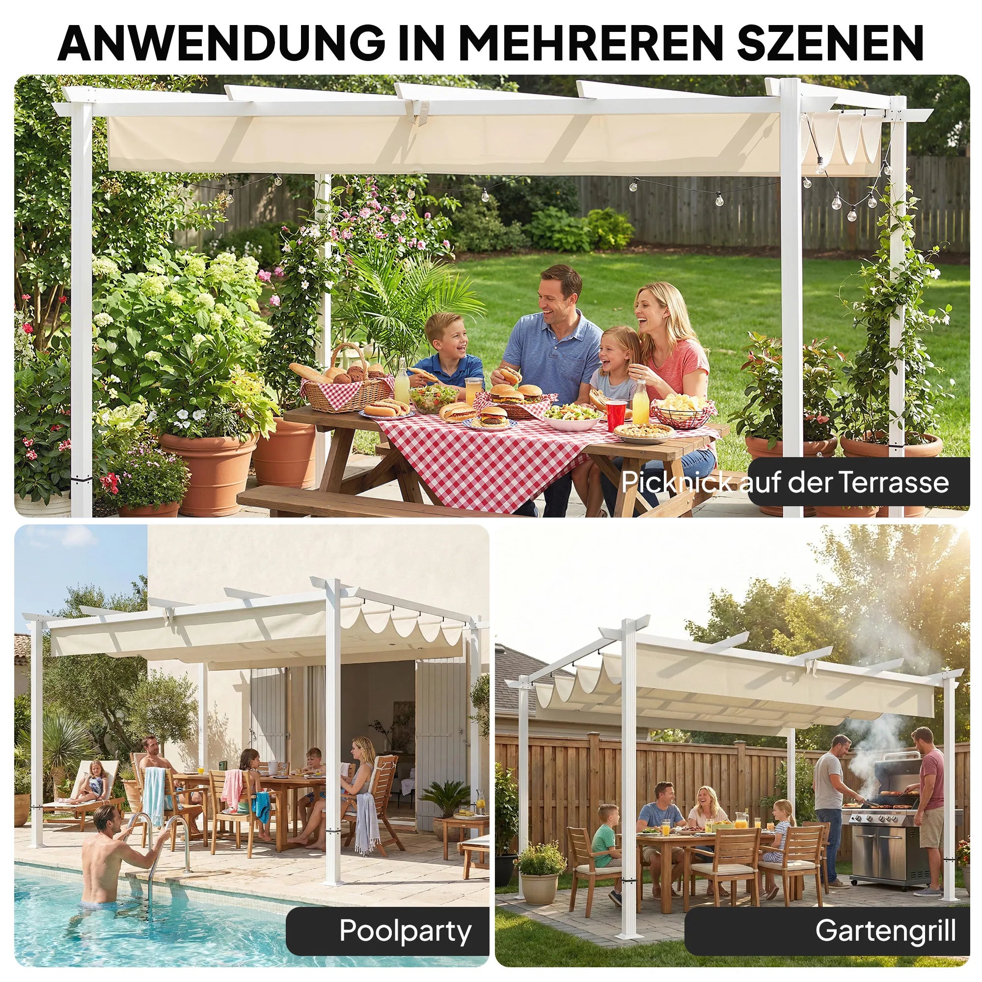 Terasos pergola su slankiojančiu stogu – 3 × 4 m, smėlio spalvos, šviesi