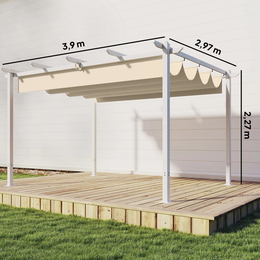Terasos pergola su slankiojančiu stogu – 3 × 4 m, smėlio spalvos, šviesi