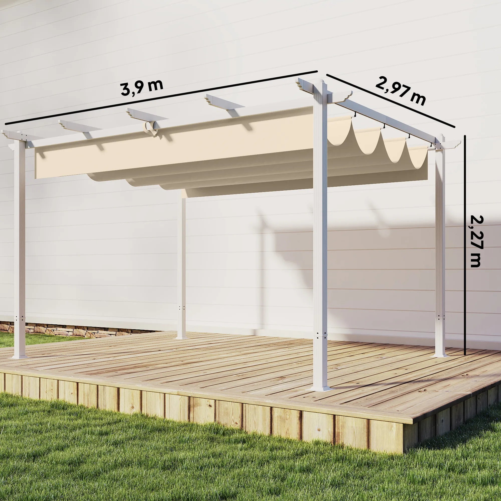 Terasos pergola su slankiojančiu stogu – 3 × 4 m, smėlio spalvos, šviesi