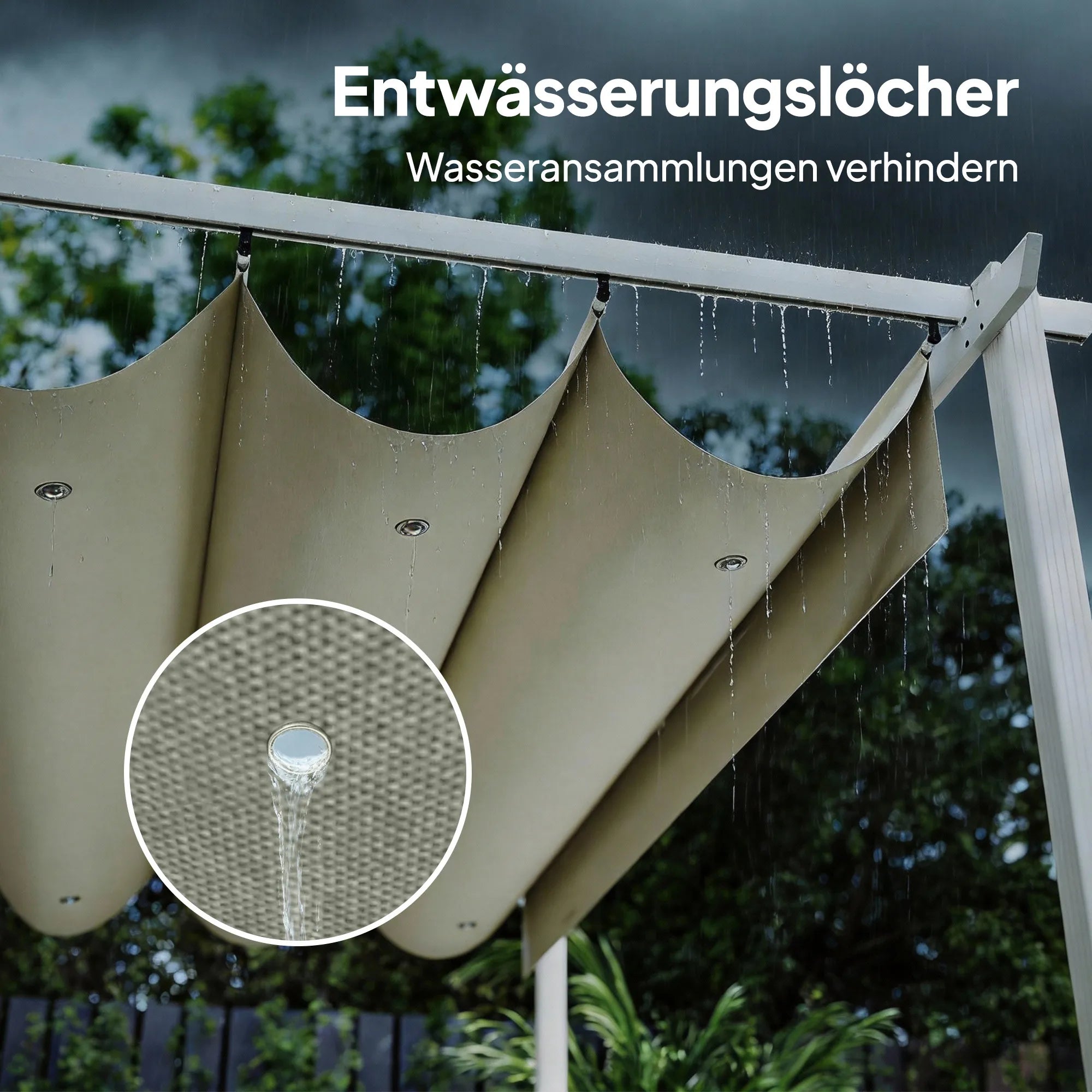 Terasos pergola su slankiojančiu stogu – 3 × 4 m, smėlio spalvos, šviesi