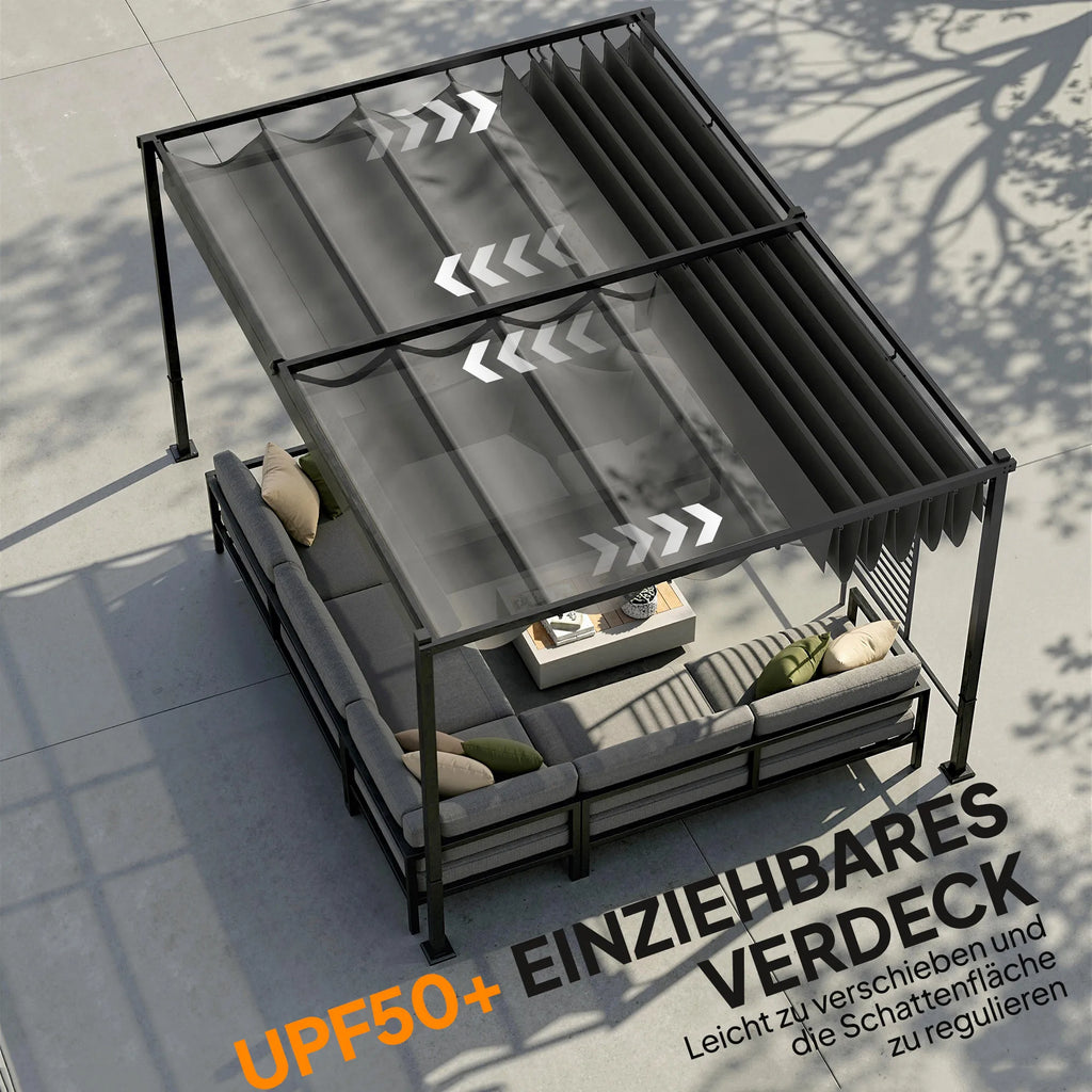 Terasos pergola su slankiojančiu stogu ir 2 šoninėmis užuolaidomis – 4 × 3 m, tamsiai pilka