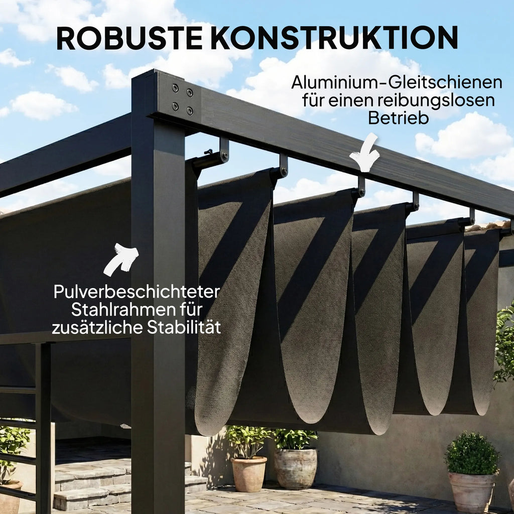 Terasos pergola su slankiojančiu stogu ir 2 šoninėmis užuolaidomis – 4 × 3 m, tamsiai pilka