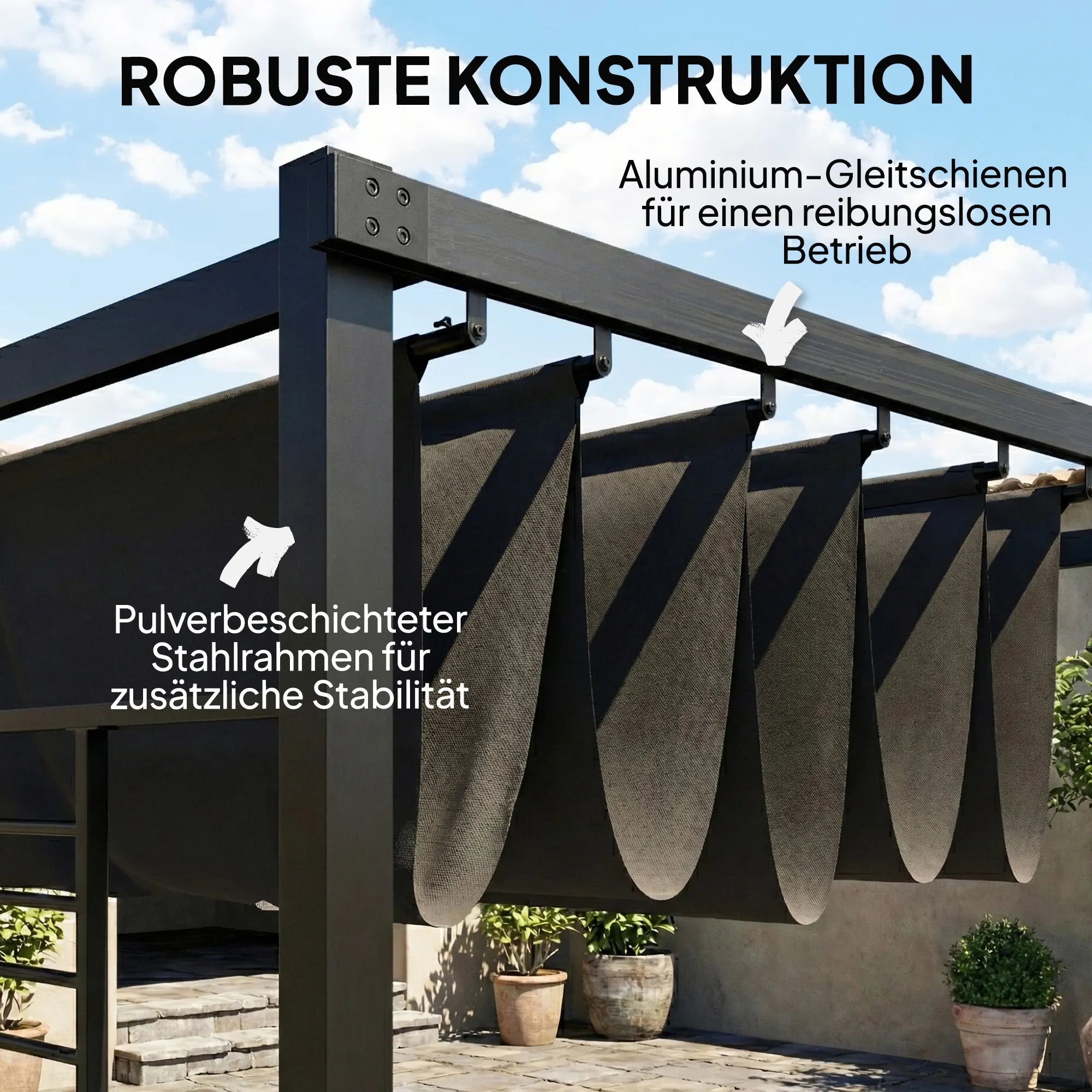 Terasos pergola su slankiojančiu stogu ir 2 šoninėmis užuolaidomis – 4 × 3 m, tamsiai pilka