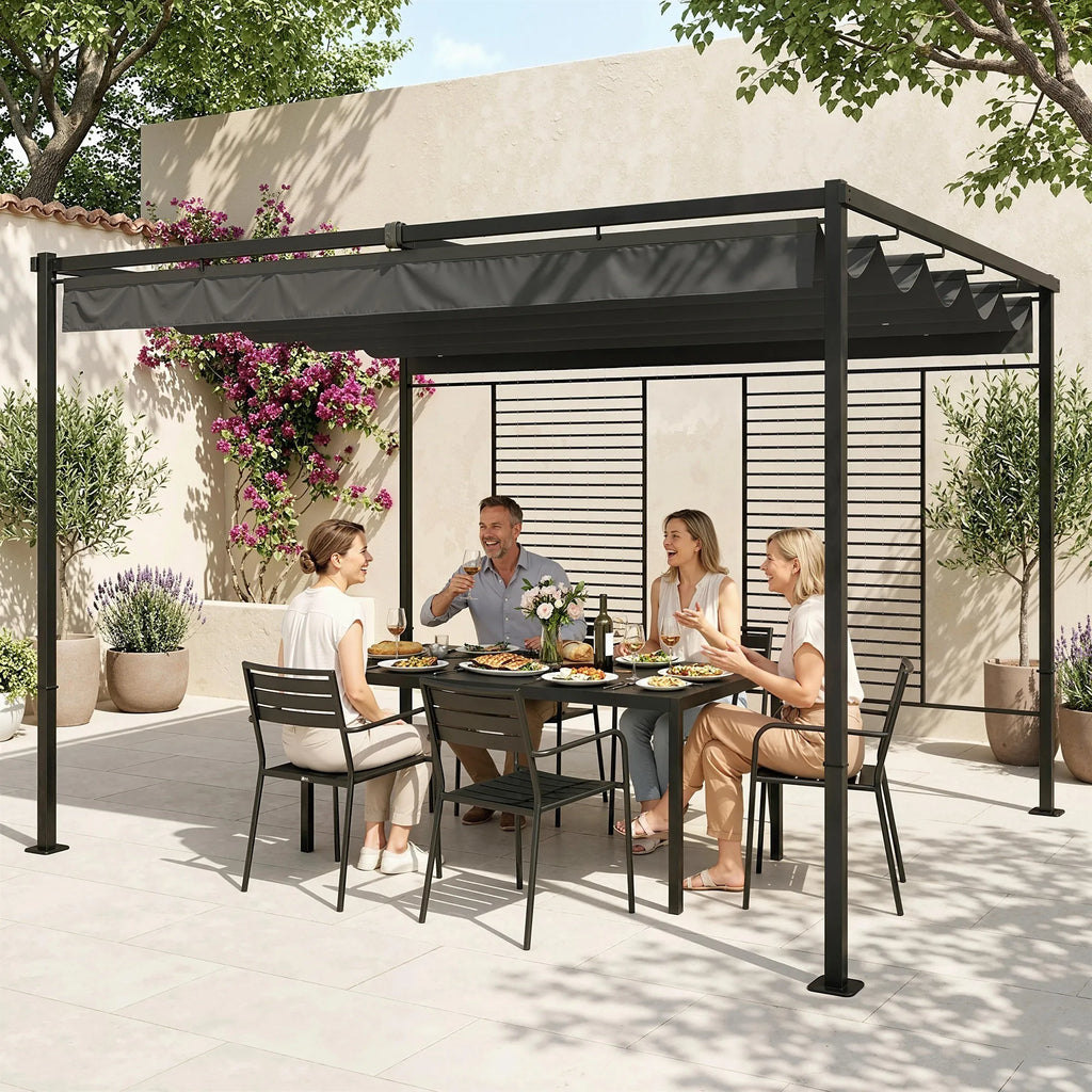Terasos pergola su slankiojančiu stogu ir 2 šoninėmis užuolaidomis – 4 × 3 m, tamsiai pilka