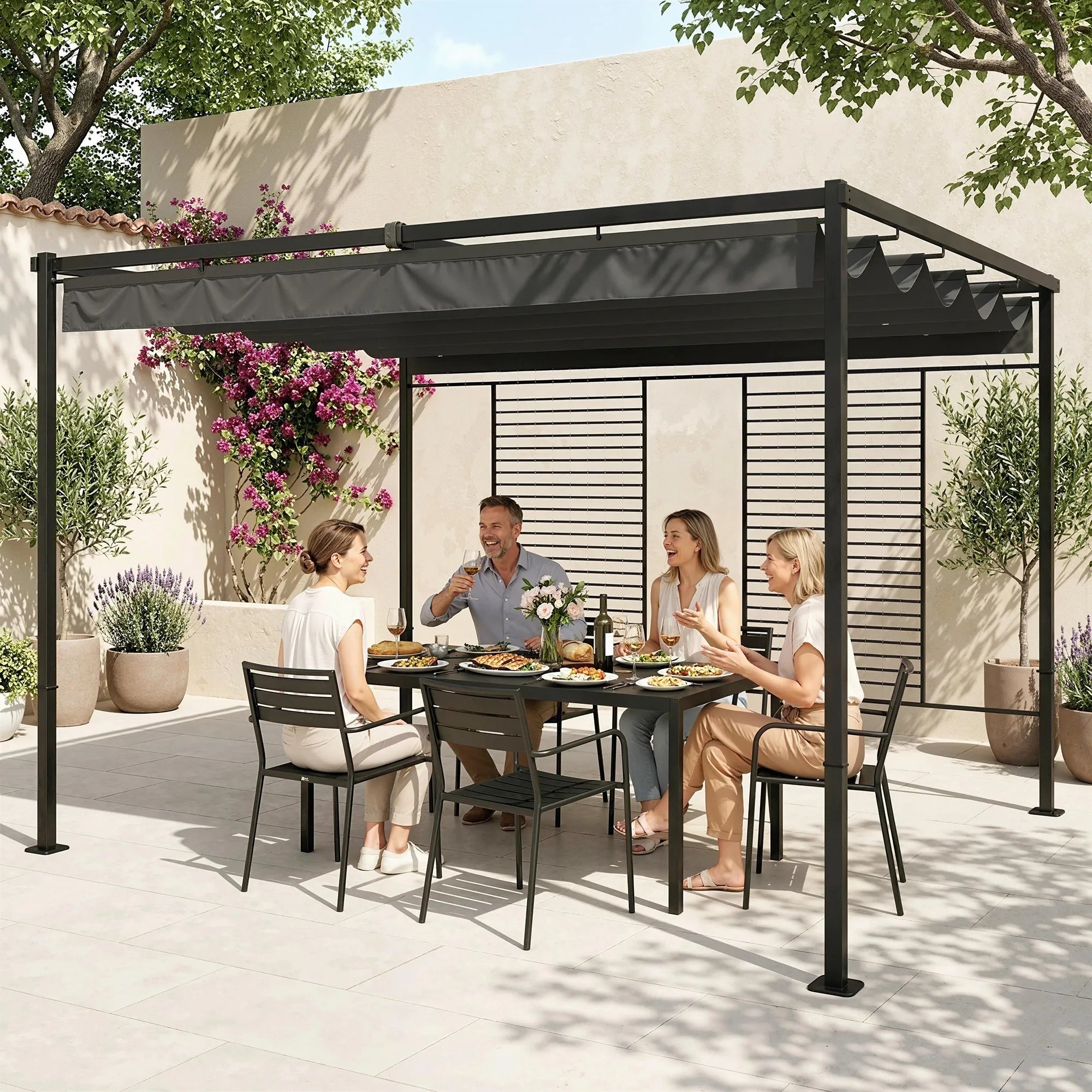 Terasos pergola su slankiojančiu stogu ir 2 šoninėmis užuolaidomis – 4 × 3 m, tamsiai pilka