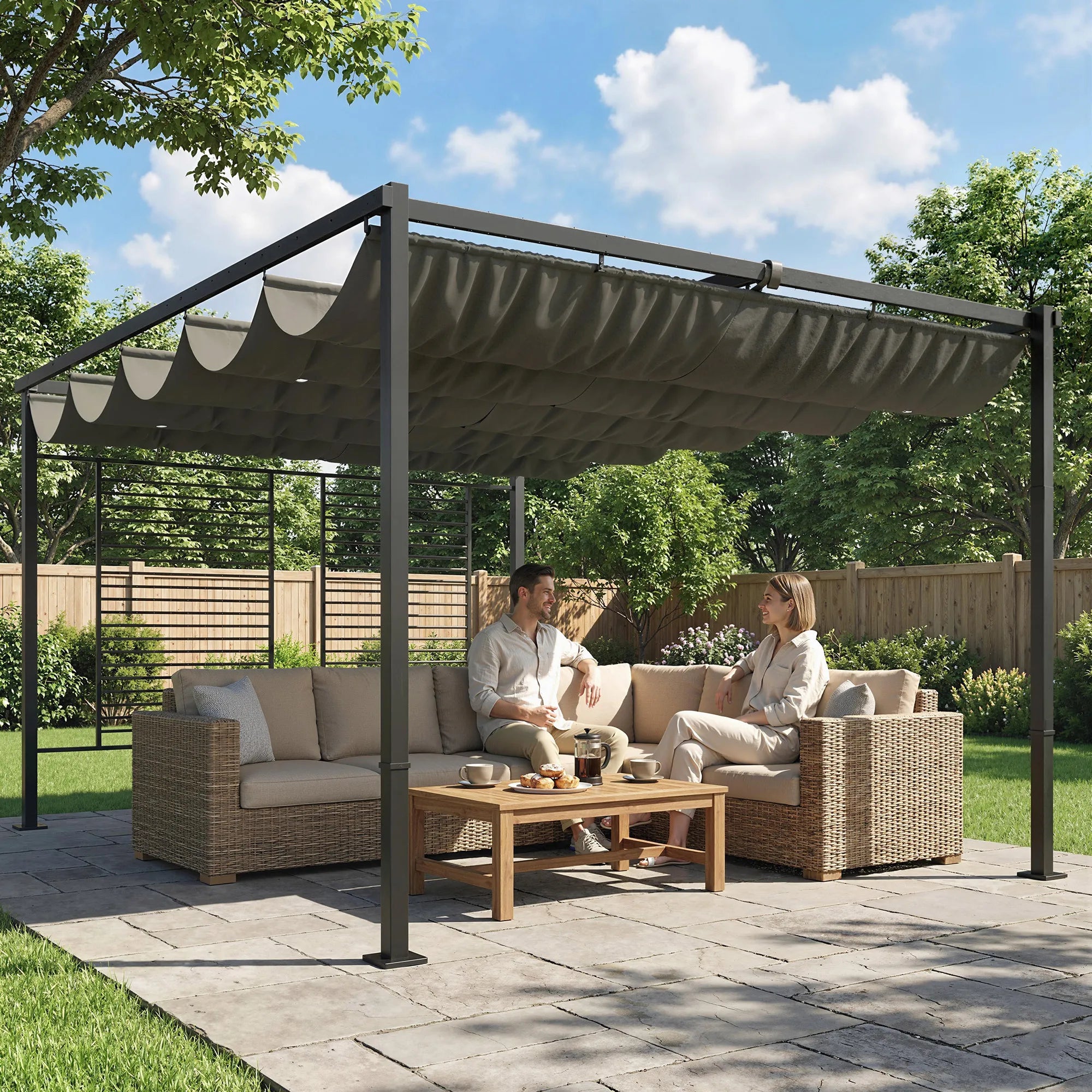 Terasos pergola su slankiojančiu stogu ir 2 šoninėmis užuolaidomis – 4 × 3 m, tamsiai pilka