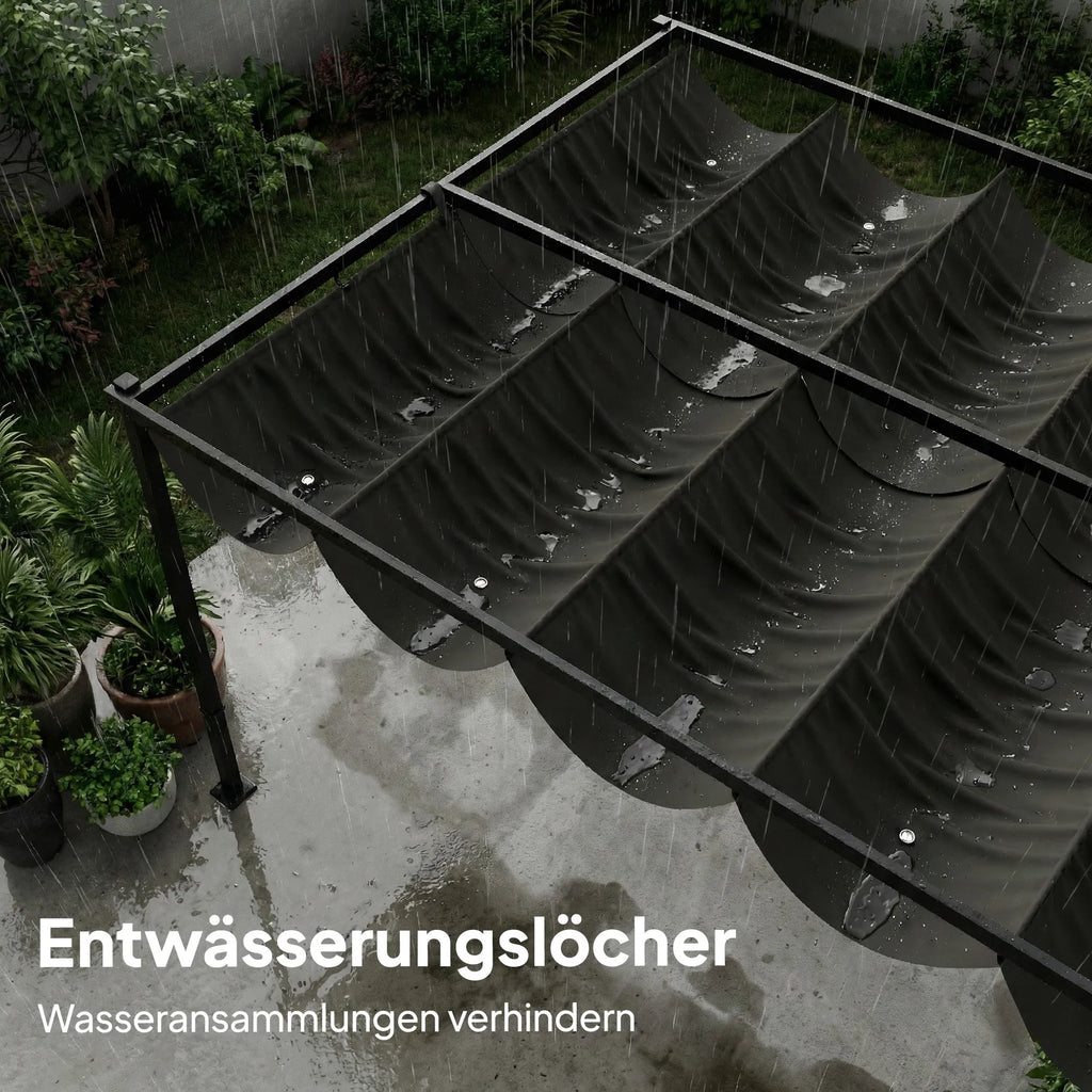 Terasos pergola su slankiojančiu stogu ir 2 šoninėmis užuolaidomis – 4 × 3 m, tamsiai pilka