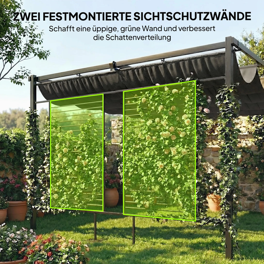 Terasos pergola su slankiojančiu stogu ir 2 šoninėmis užuolaidomis – 4 × 3 m, tamsiai pilka