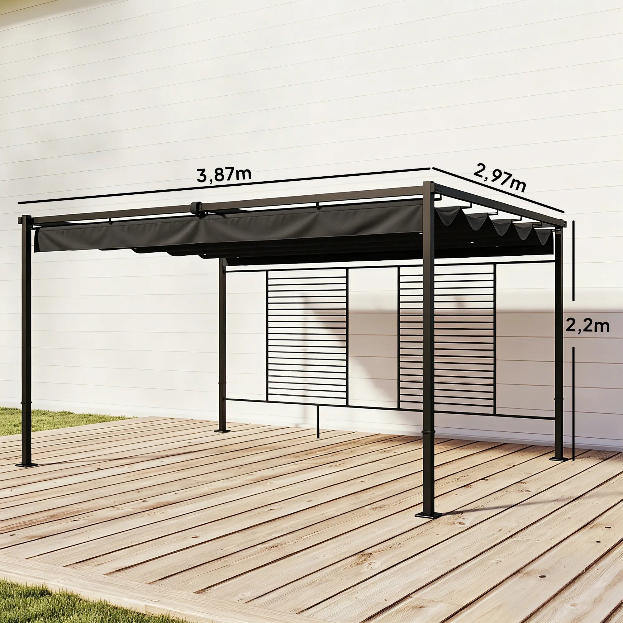 Terasos pergola su slankiojančiu stogu ir 2 šoninėmis užuolaidomis – 4 × 3 m, tamsiai pilka