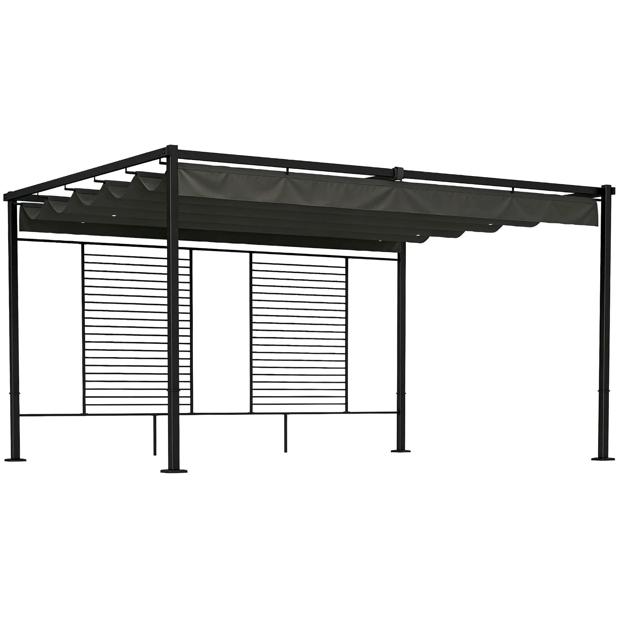 Terasos pergola su slankiojančiu stogu ir 2 šoninėmis užuolaidomis – 4 × 3 m, tamsiai pilka
