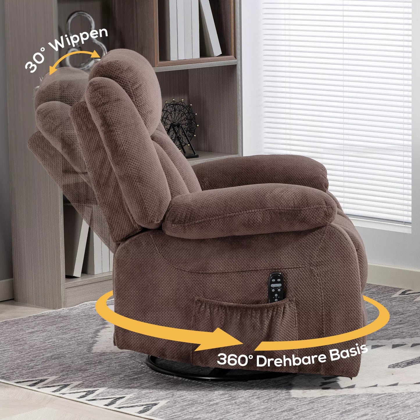 Masažinė kėdė, 8 vibracijos taškai, 5 režimai, juosmens šildymas, reguliuojama, sukanė, minkštas fotelis, rudos spalvos.