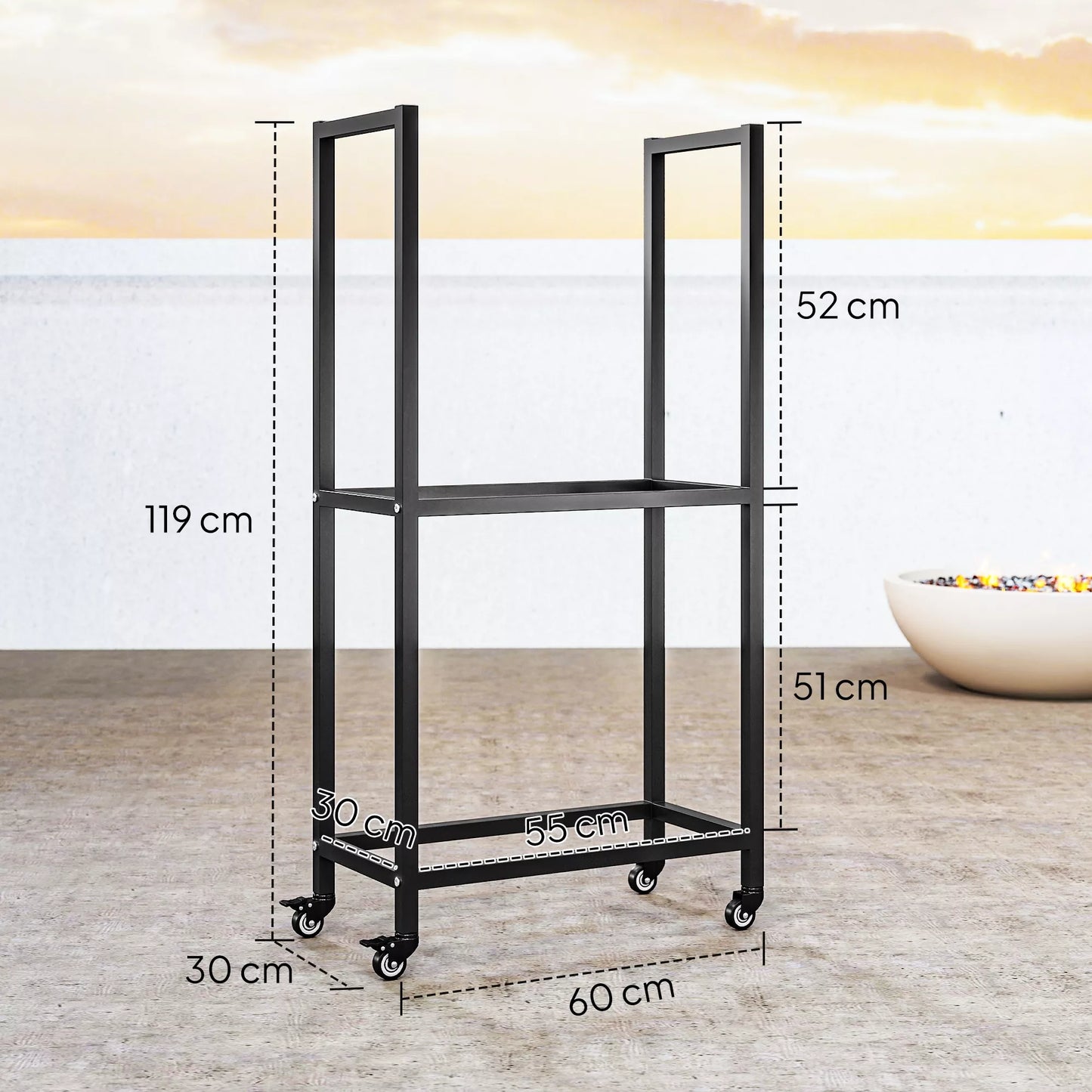 Vidinė malkinė plieninė 60 x 30 x 119cm 2 lentynų malkų laikiklis su ratuku juoda