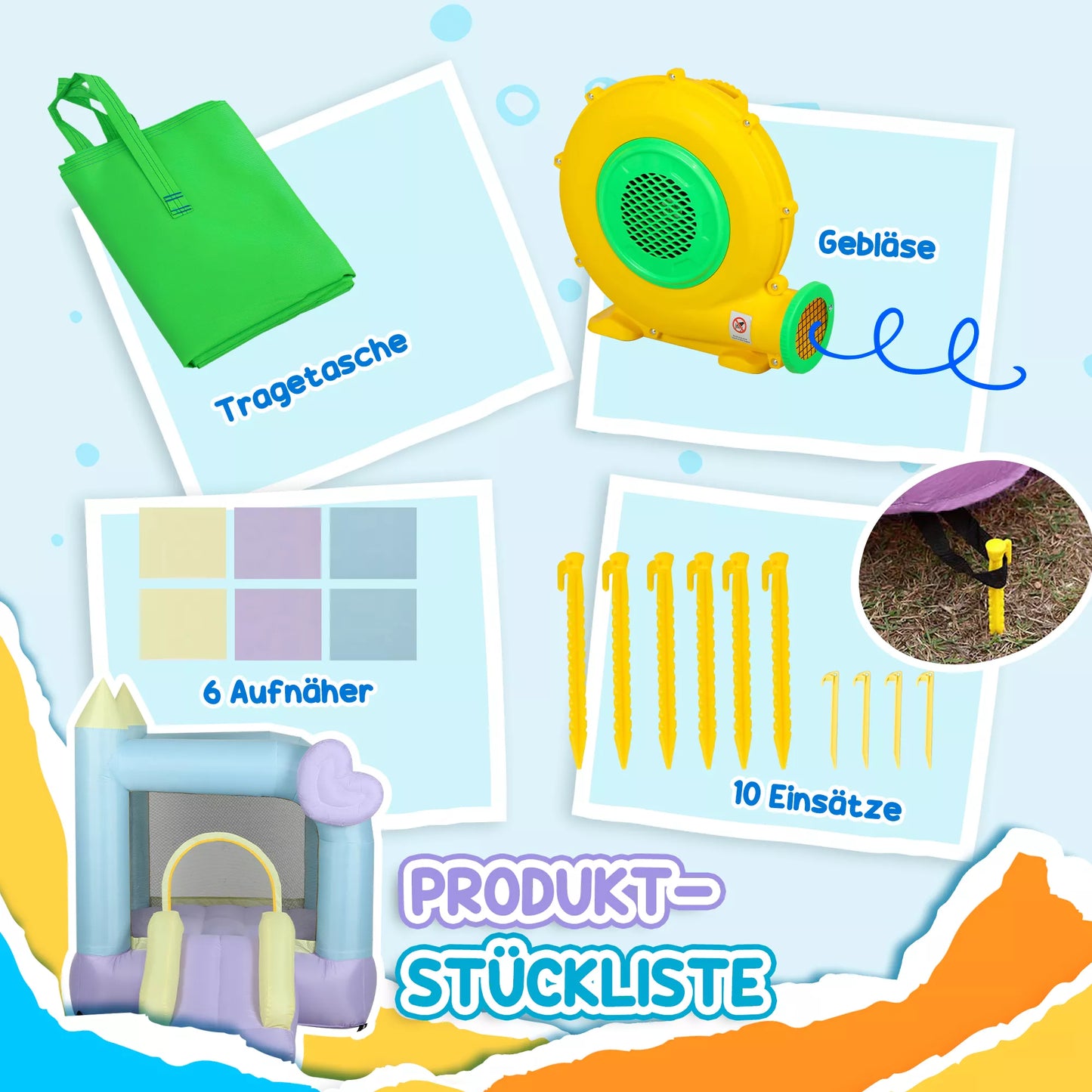 Pripučiamas pilis su čiuožyklomis, saugos tinklu, Oksfordo audiniu, įžeminimo kuoliukais, nešiojimo krepšiu