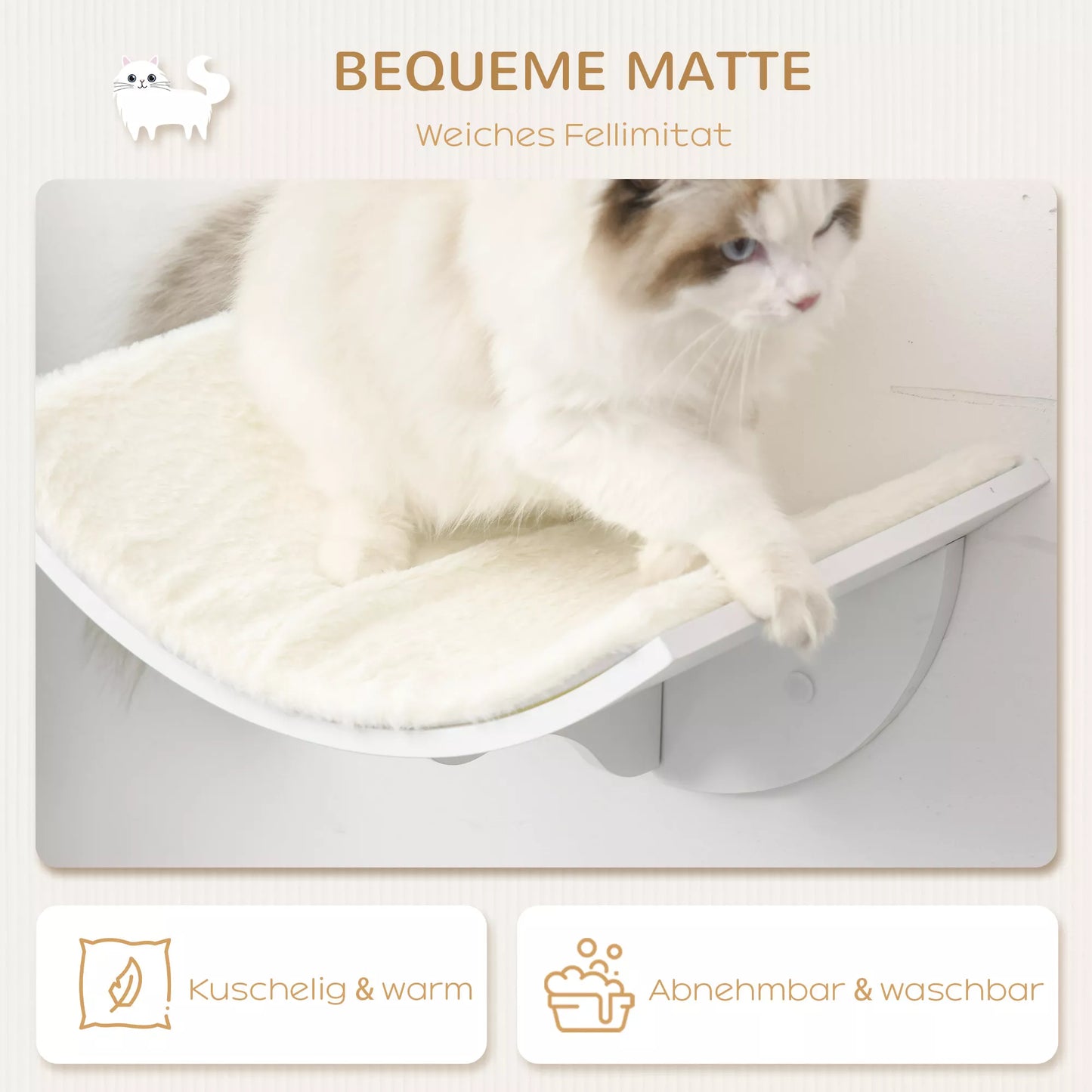 Katės lentyna, montuojama ant sienos, minkštas gulėjimo paviršius, iki 10kg, 41x28x21cm, balta