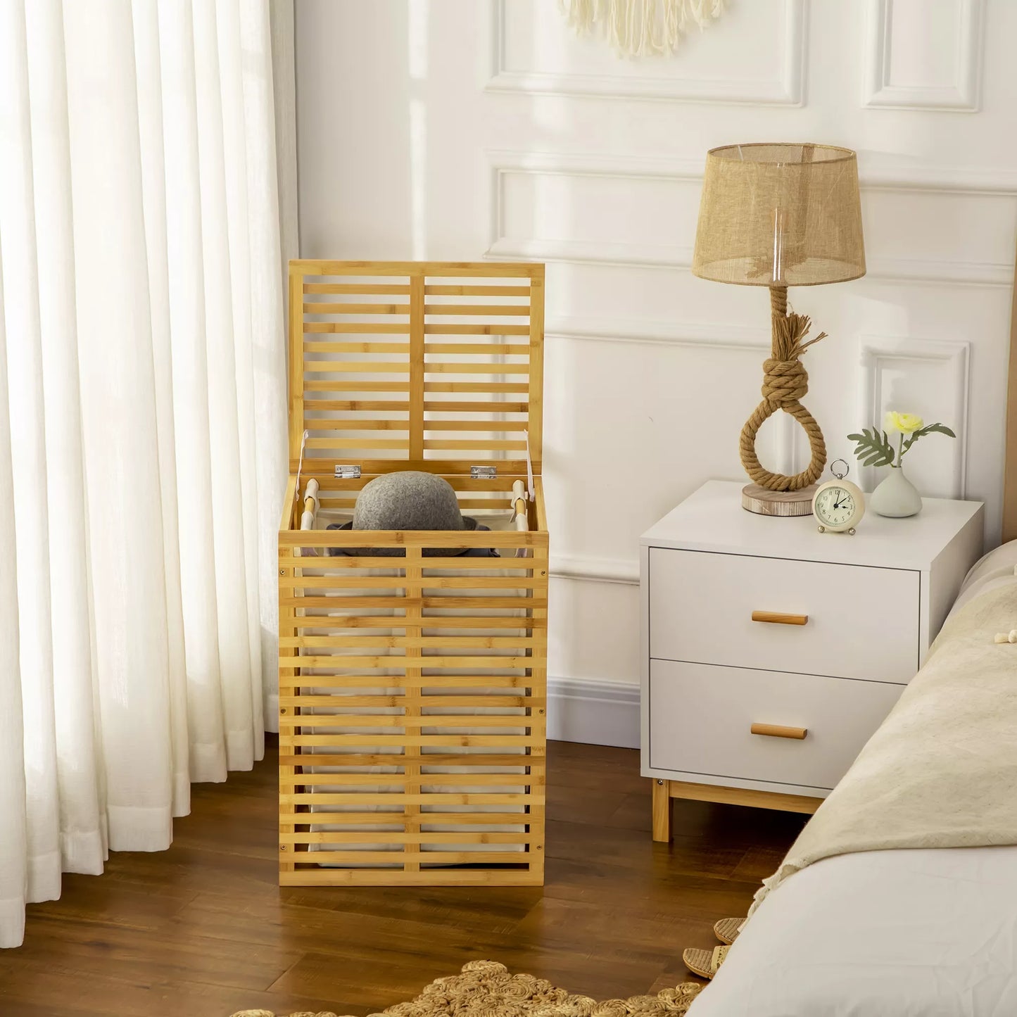 Bambuko skalbinių krepšys su 63 L skalbinių surinktuvu su dangčiu, skalbinių maišas, strypas 44 x 37 x 62,5 cm natūralaus medžio