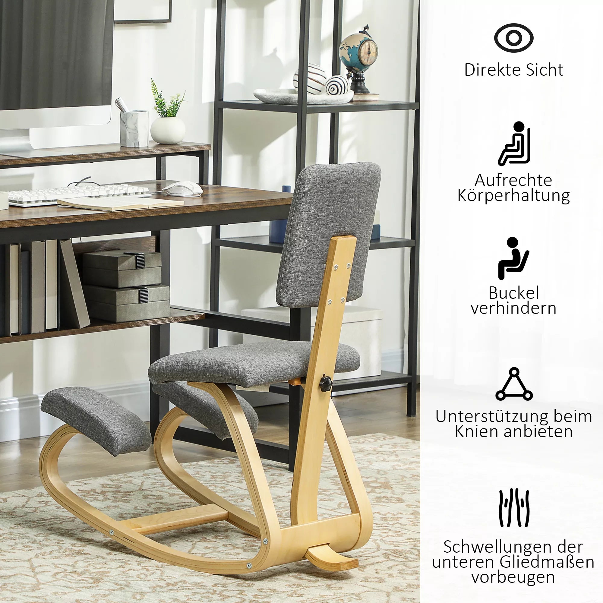 Ergonomiška kėdė su atlošu, kėdė su atlošu Sveikatos kėdė namams, biurui, meditacijai Pilka
