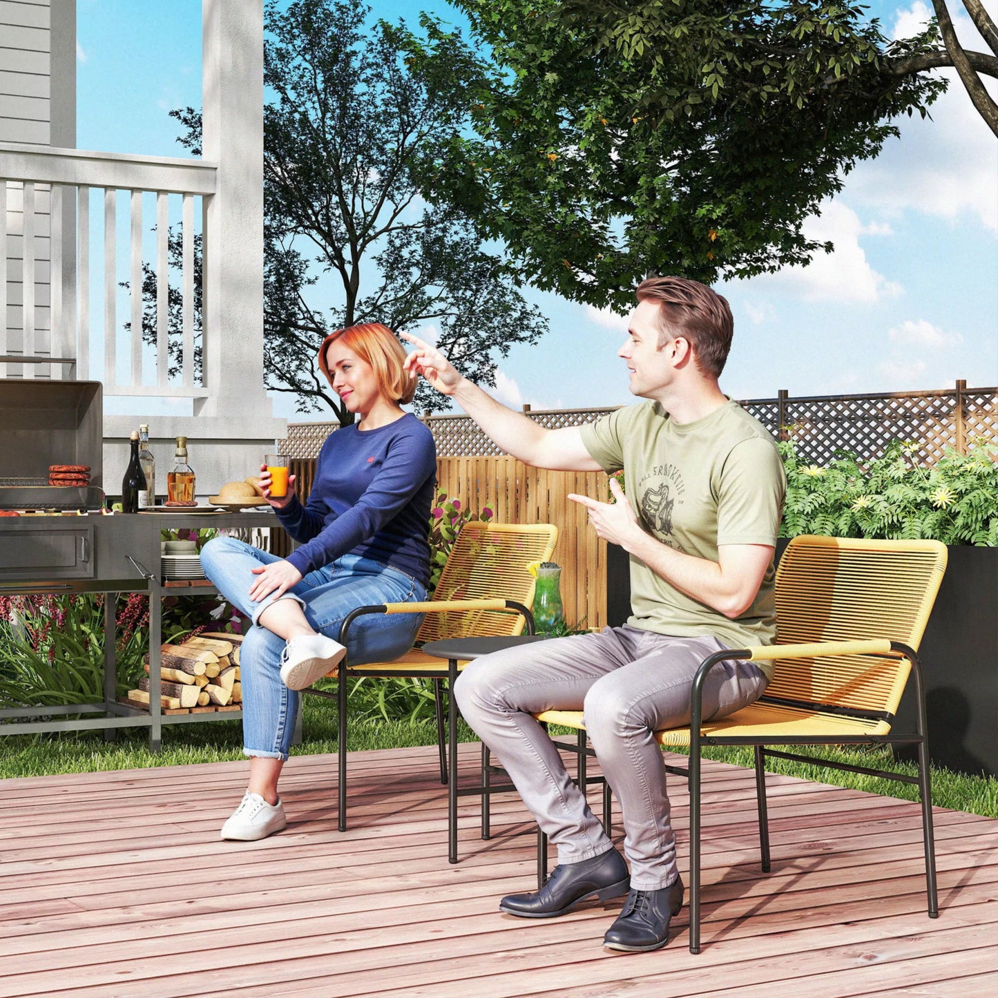 3 dalių rotango bistro komplektas, sėdimoji grupė, sodo baldų komplektas su 2 sodo kėdėmis, kavos staliukas 54 x 66 x 76 cm, geltonas