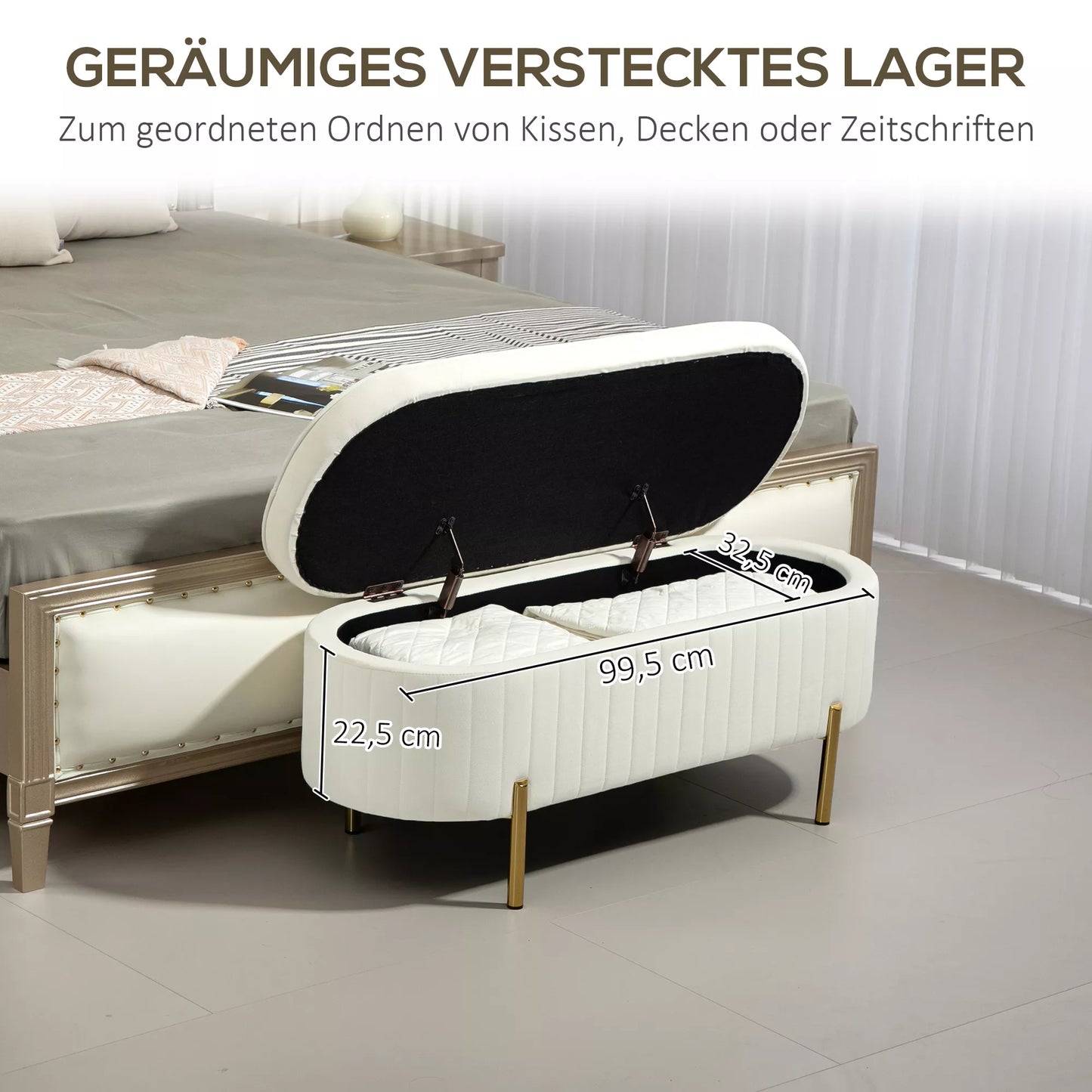 Suolas su atlenkiamu dangčiu ir daiktadėže, audinio apmušalas, metalas, kreminė balta + auksinė