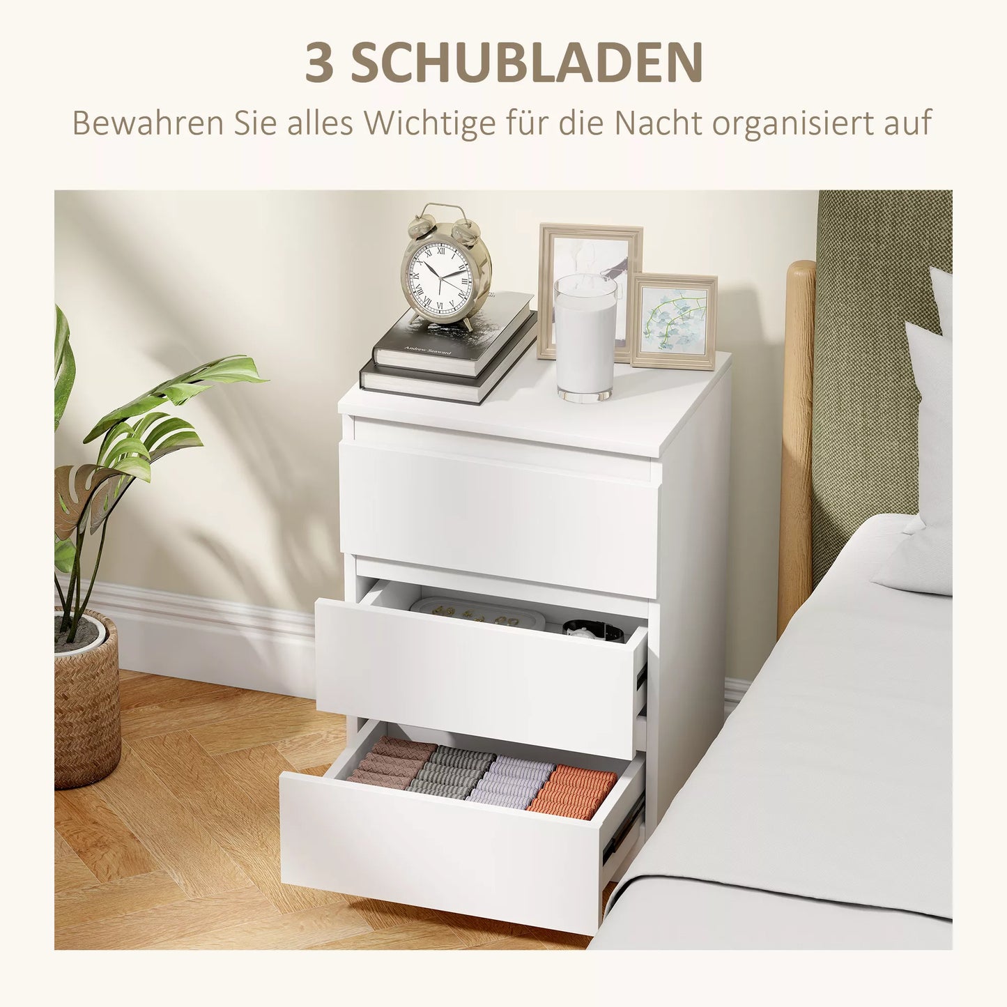 Naktiniai staleliai 2 vnt. komplekte, 3 stalčiai, beranktis dizainas, medžio imitacijos, balti