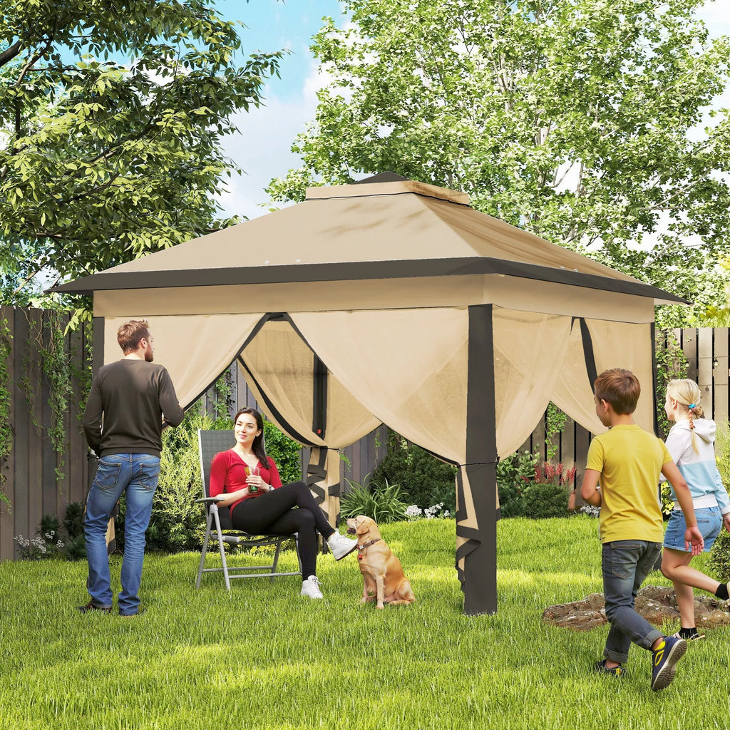 Sulankstomas paviljonas, sodo paviljonas, metalas ir audinys, tinklinės užuolaidos, drenažo angos, 330L x 330B x 288H cm, smėlio spalvos