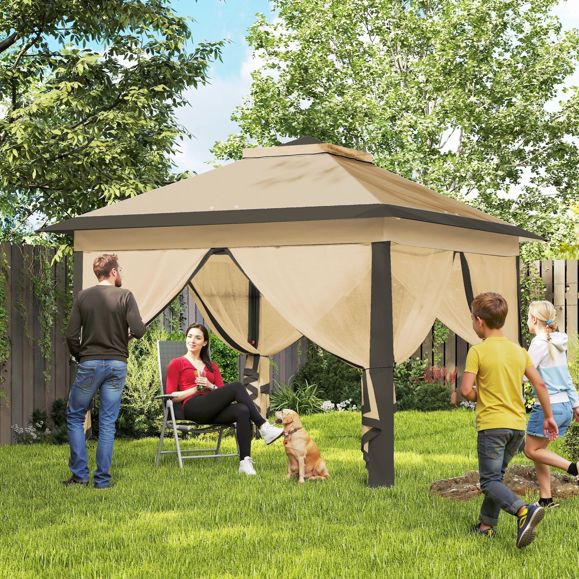 Sulankstomas paviljonas, sodo paviljonas, metalas ir audinys, tinklinės užuolaidos, drenažo angos, 330L x 330B x 288H cm, smėlio spalvos