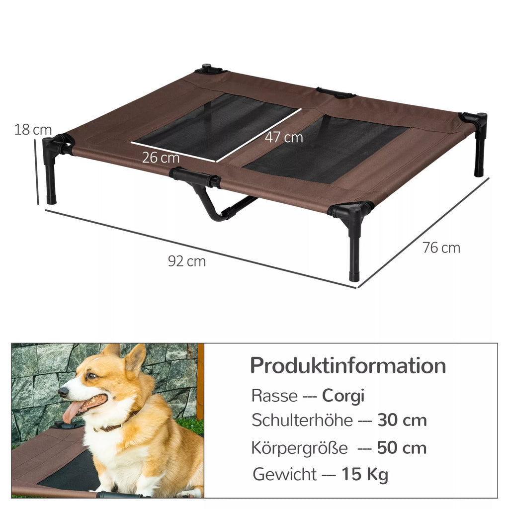 Šunų gultas lauke, vėsinantis gultas dideliems šunims, pakeltas šunų gultas su tvirtu metaliniu rėmu, kvėpuojanti tinklinė medžiaga sodui ir lauke, 92 x 76 x 18 cm, kavos rudos spalvos