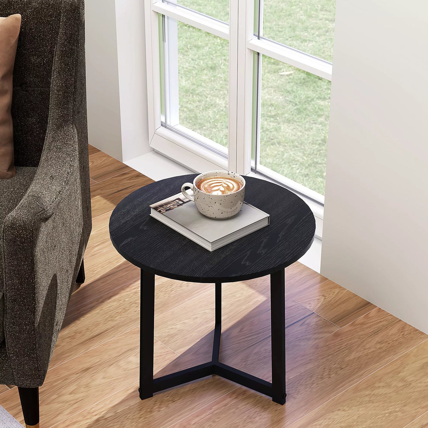 Modernus 2 vnt. komplekto kavos staliukas, metalinis rėmas, MDF, apvalus dizainas, vienas į kitą įstatomas, juodas