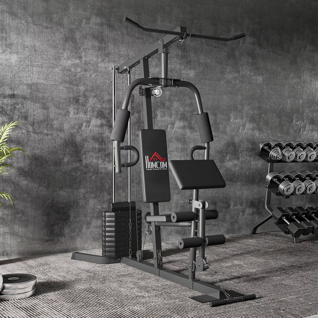 Jėgos treniruoklis su 45 kg svorio bloku, 180 x 108 x 200 cm, plieninis, juodos spalvos