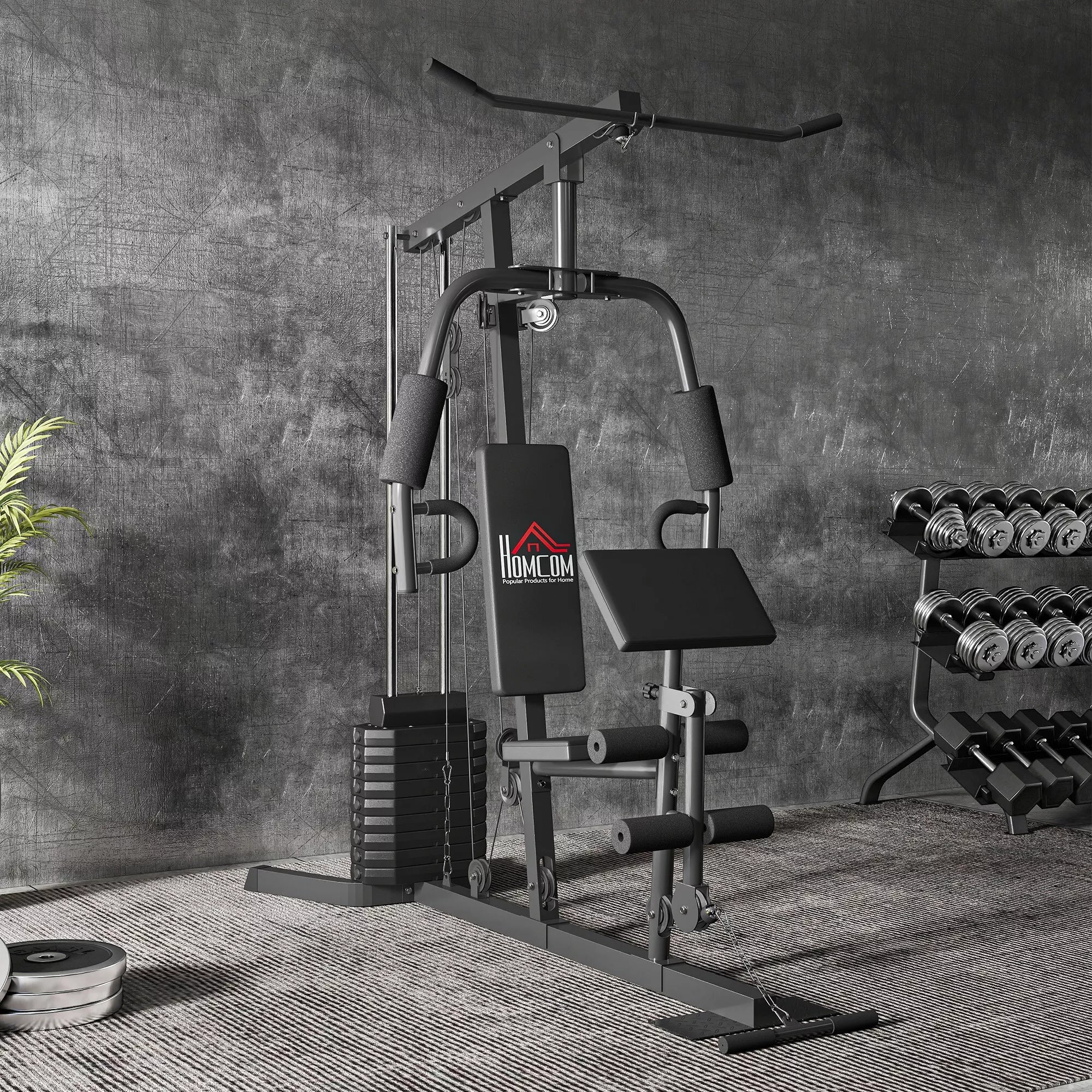 Jėgos treniruoklis su 45 kg svorio bloku, 180 x 108 x 200 cm, plieninis, juodos spalvos