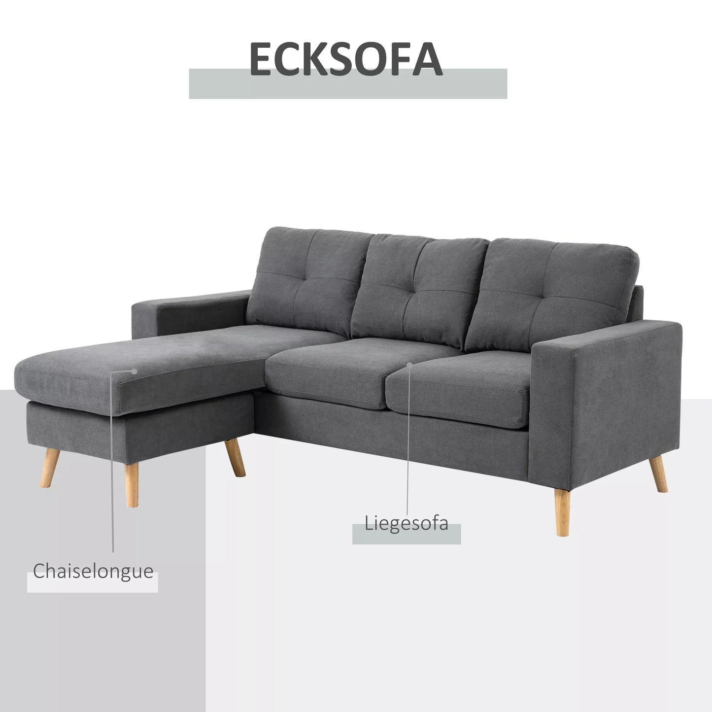 Pilka kampinė sofa skandinaviško dizaino, su dekoratyviniais sagčių dygsniais, masyvmedžio, lininės išvaizdos