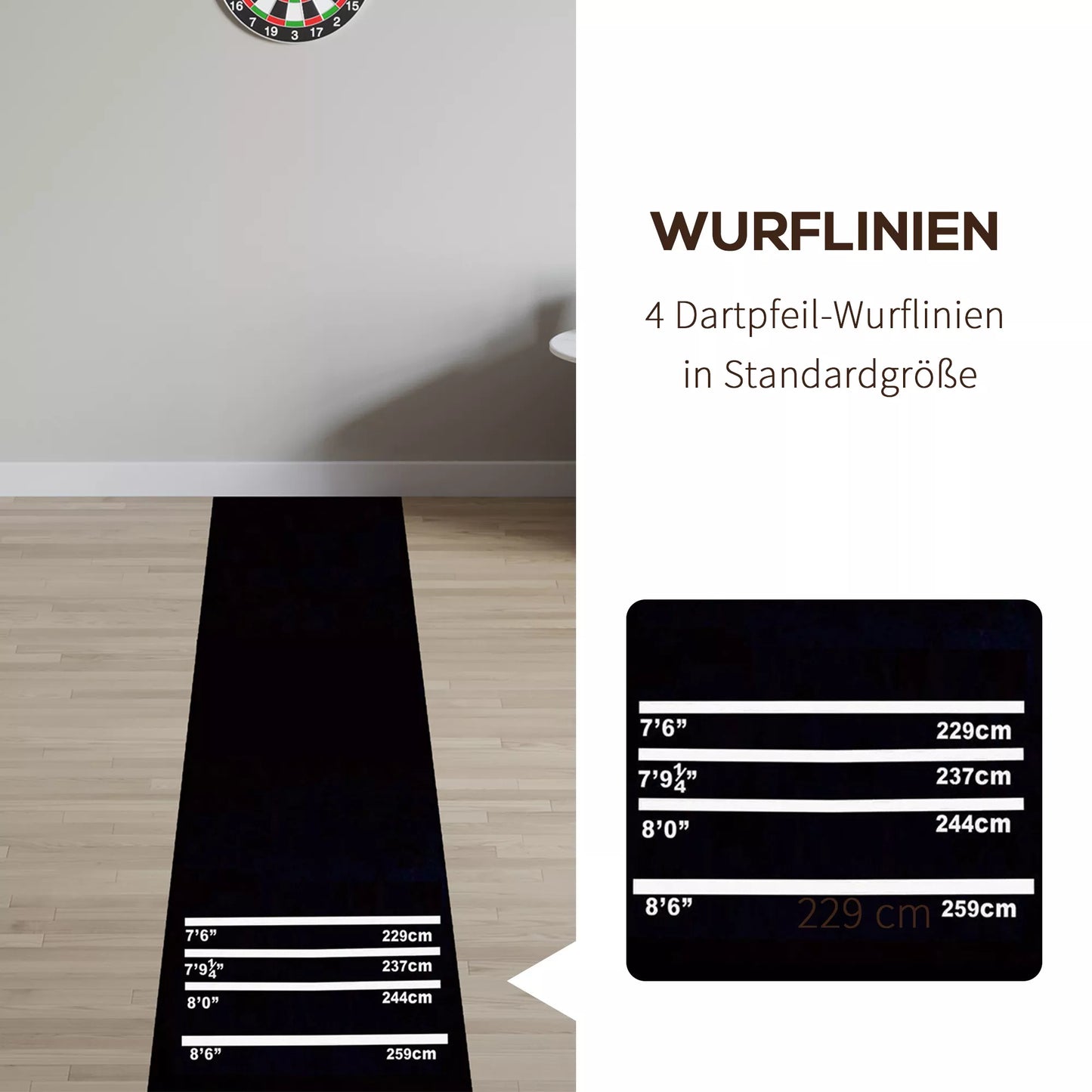 Dartmatė 300 x 61 cm Oche kilimėlis su Softdart ir Steeldart, neslystantis Dart kilimas, kilimėlis-dartmatė, Dart priedai grindims apsaugoti
