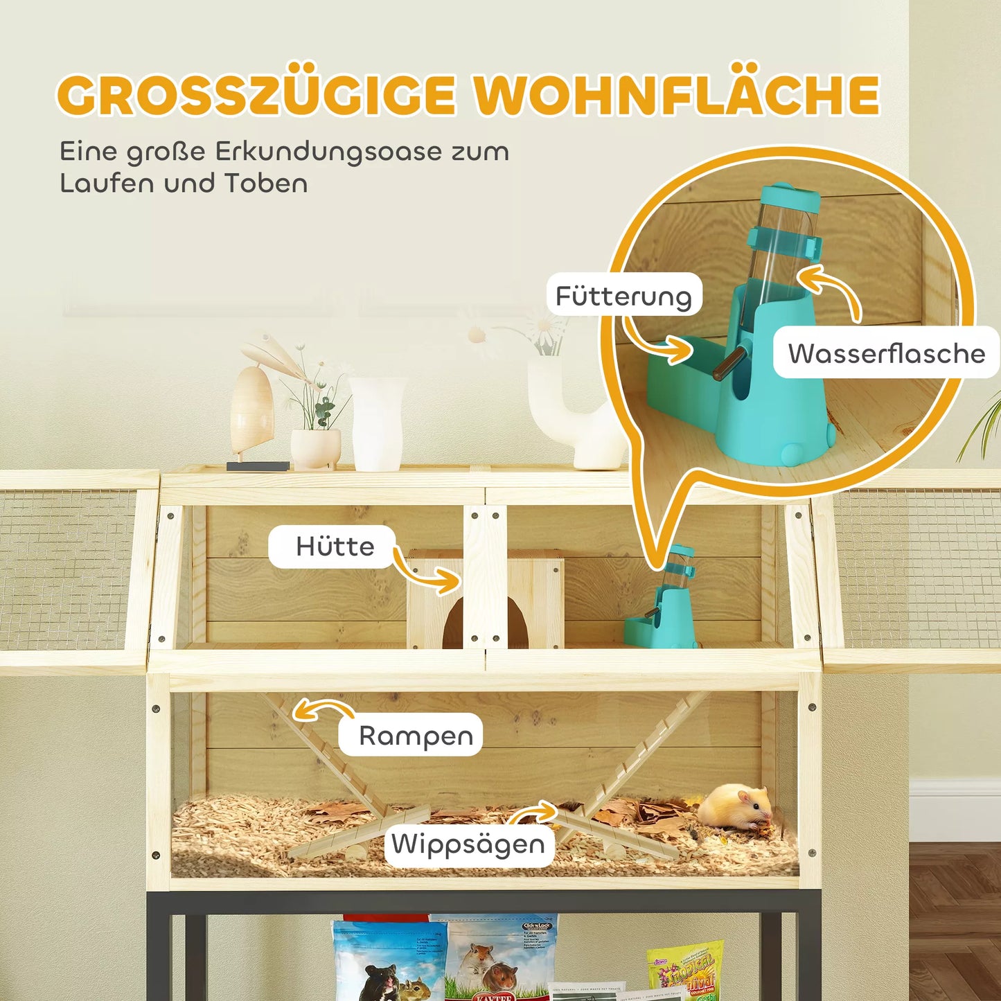 Medinis nykštukinių žiurkių narvelis su daiktų dėtuve, ratukais, rampos, vandens buteliuku, nameliu, sūpynėmis, 87 x 43 x 101 cm