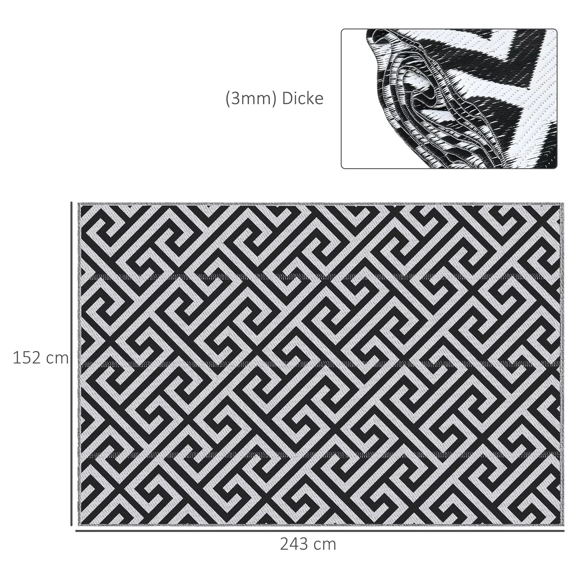 Lauko kilimas, tinkamas naudoti abiejose pusėse, patvarus, kraštai apsaugoti nuo išsiplėšimo, juodas ir baltas, 152 x 243 cm