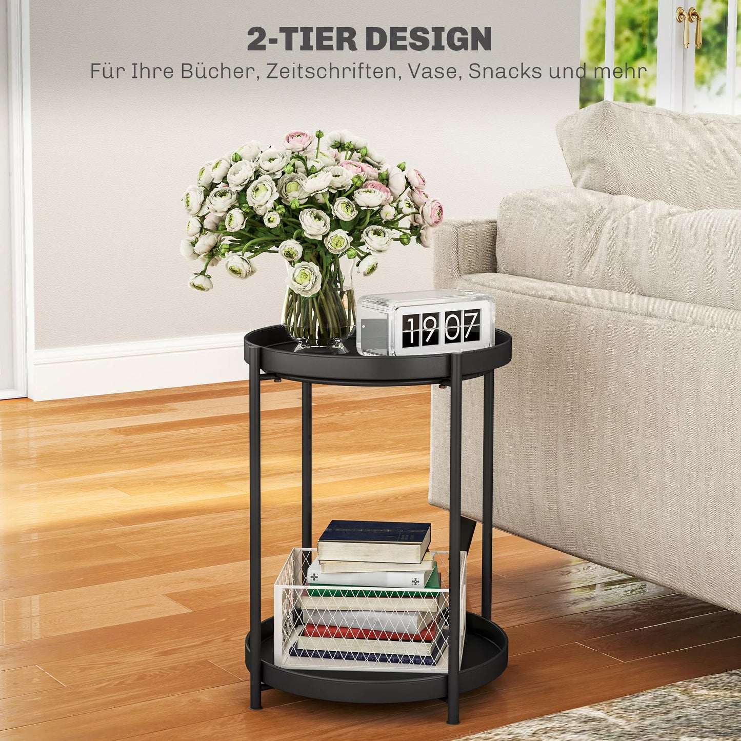 Apvalus staliukas su lentyna, 2 pakopų kavos staliukas svetainei, miegamajam, mažoms erdvėms, metalas, juodas