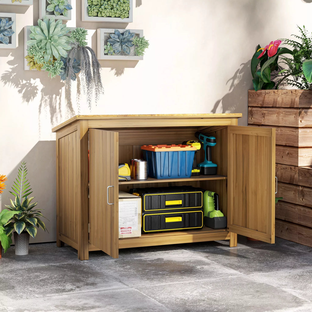 Sodo spintelė, medinė komoda su 2 lentynomis, skirta sodui, terasai, atspari atmosferos poveikiui, 110 x 50 x 85 cm, ruda