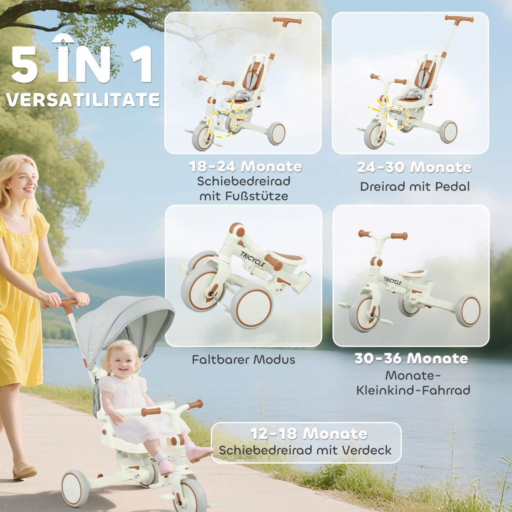 Vaikiškas triratukas 5-in-1, reguliuojamas, 1–3 metų vaikams, kreminės spalvos