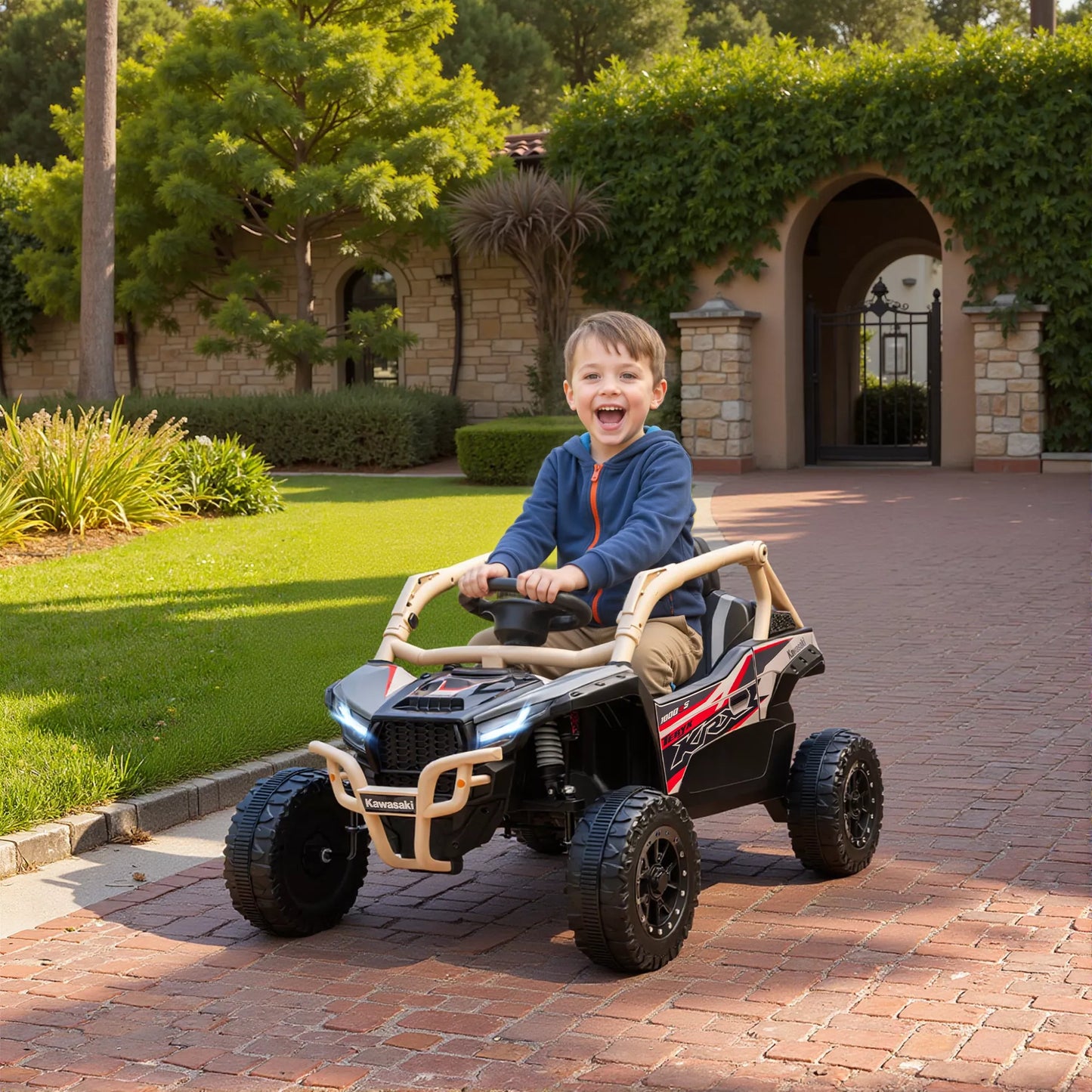 12V elektrinis visureigis vaikams su nuotolinio valdymo pultu, LED žibintais, muzika, garsiniu signalu, skirtas 3-8 metų vaikams, geltonos spalvos