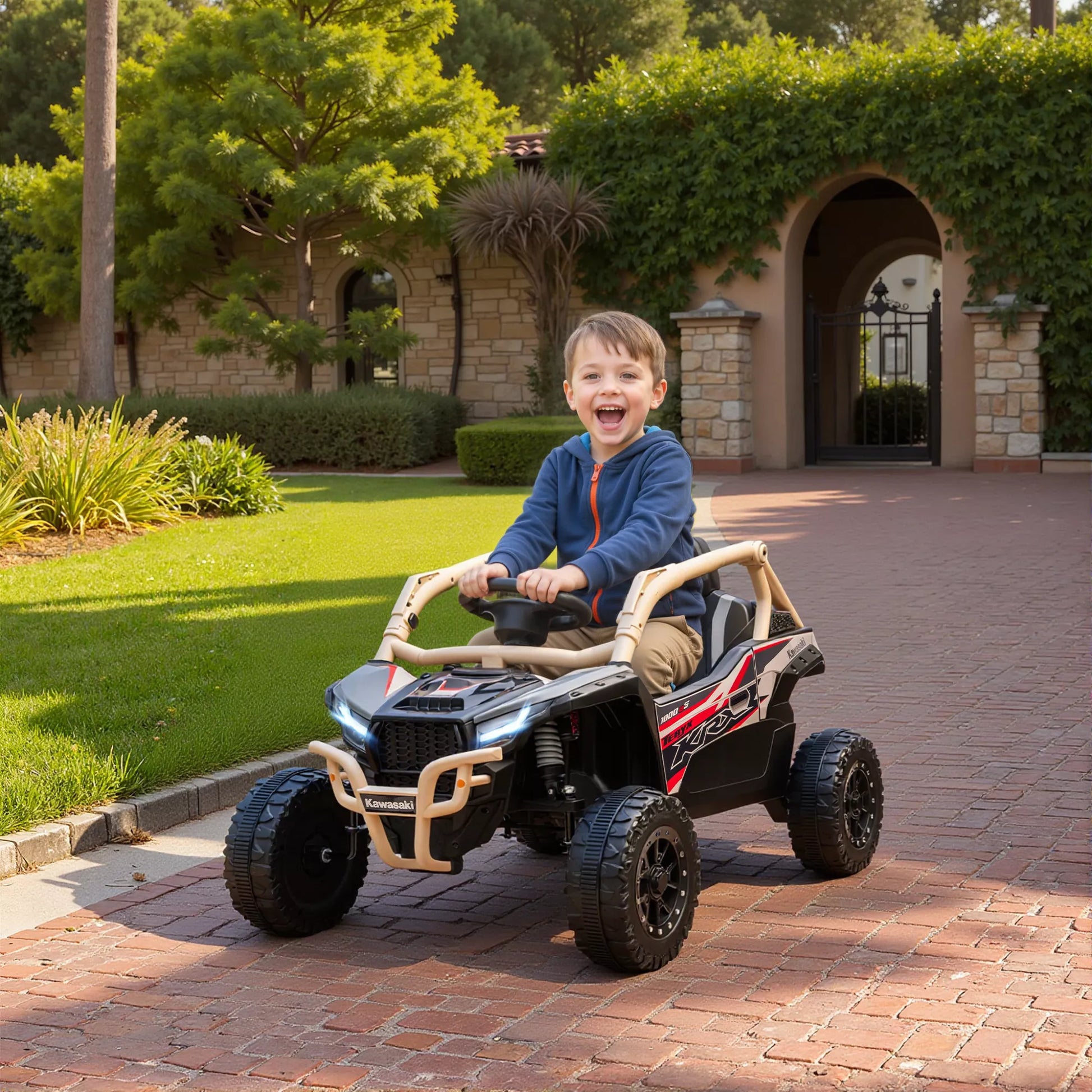 12V elektrinis visureigis vaikams su nuotolinio valdymo pultu, LED žibintais, muzika, garsiniu signalu, skirtas 3-8 metų vaikams, geltonos spalvos