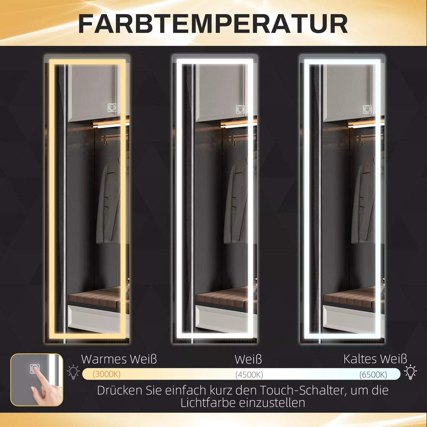 Viso kūno veidrodis su LED, reguliuojamo ryškumo, jutikliniu sensoriu, atminties funkcija, sidabrinis, 40x120 cm