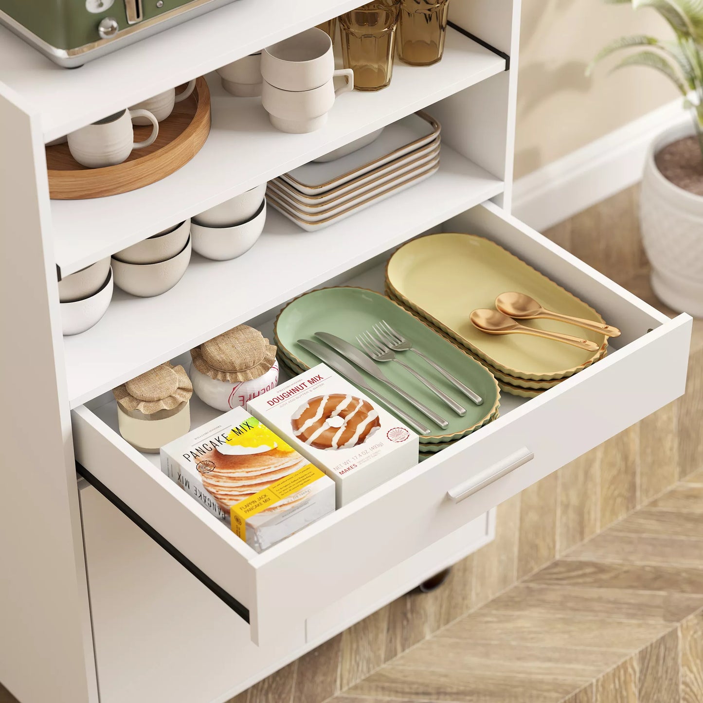 Spintelė mikrobangų krosnelei, lentyna, spintelė su dvigubomis durimis, stalčius, ratukai, balta