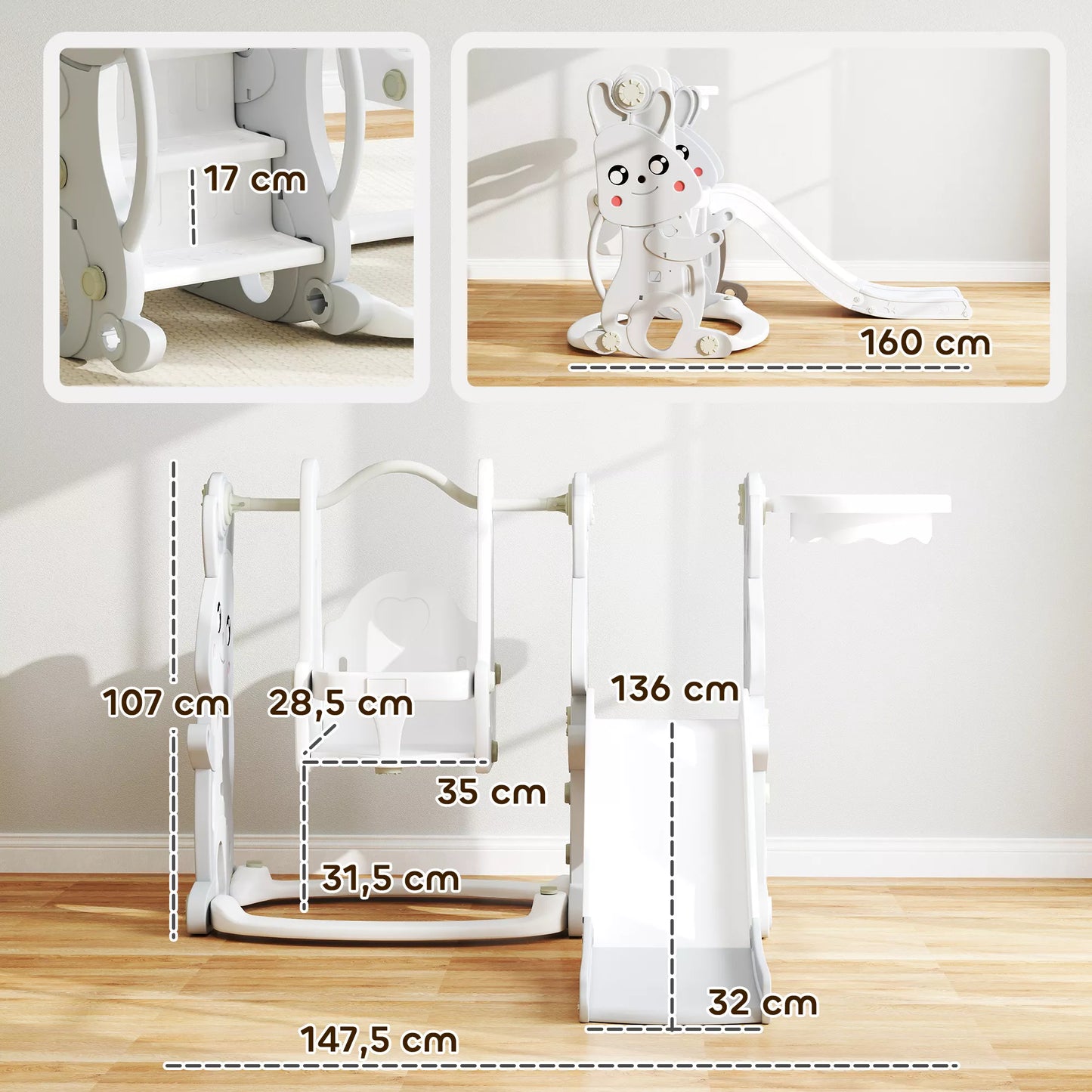 4-in-1 žaidimų rinkinys mažyliams, čiuožykla, supynės, laipiojimo aikštelė, krepšinio lankas, plastikas, triušio dizainas, pilkas