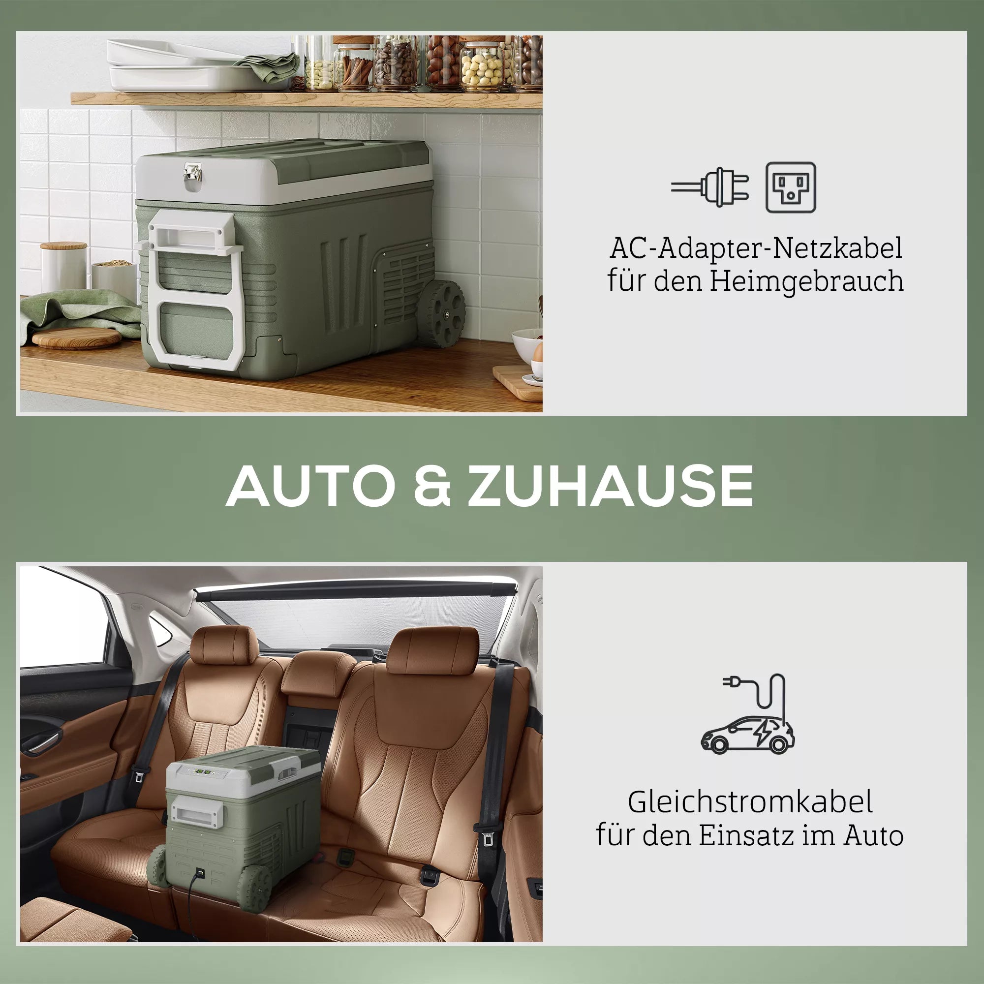 33 l kempingo šaldytuvas, kelioninis šaldiklis, nešiojamas automobilinis šaldytuvas su 2 skyrius ir ratukais, plastikinis, žalias