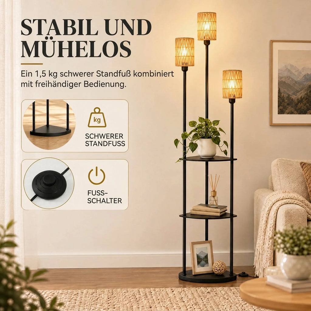 Toršeras „Boho“, 3 šviesos šaltinių, su 3 lentynomis, juodas