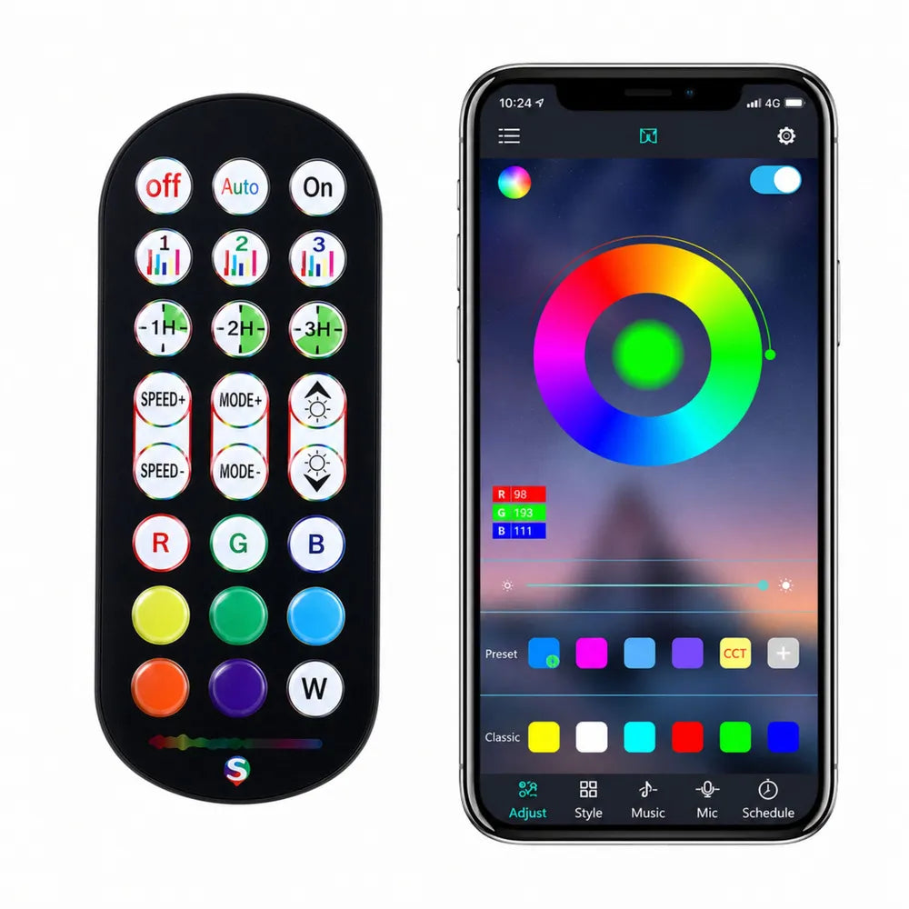 Valdymo pultelis ir išmaniojo telefono programėlė spalvoms keisti
