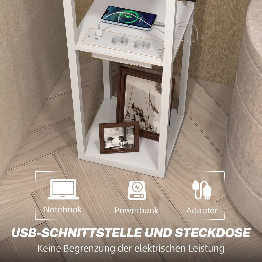 Toršeras su 3 lentynomis, USB jungtimis ir kištukiniu lizdu, baltas