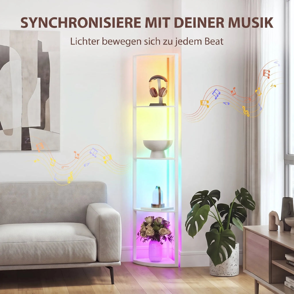 Toršeras su lentynėlėmis, RGB apšvietimas, 5 lentynos, baltas