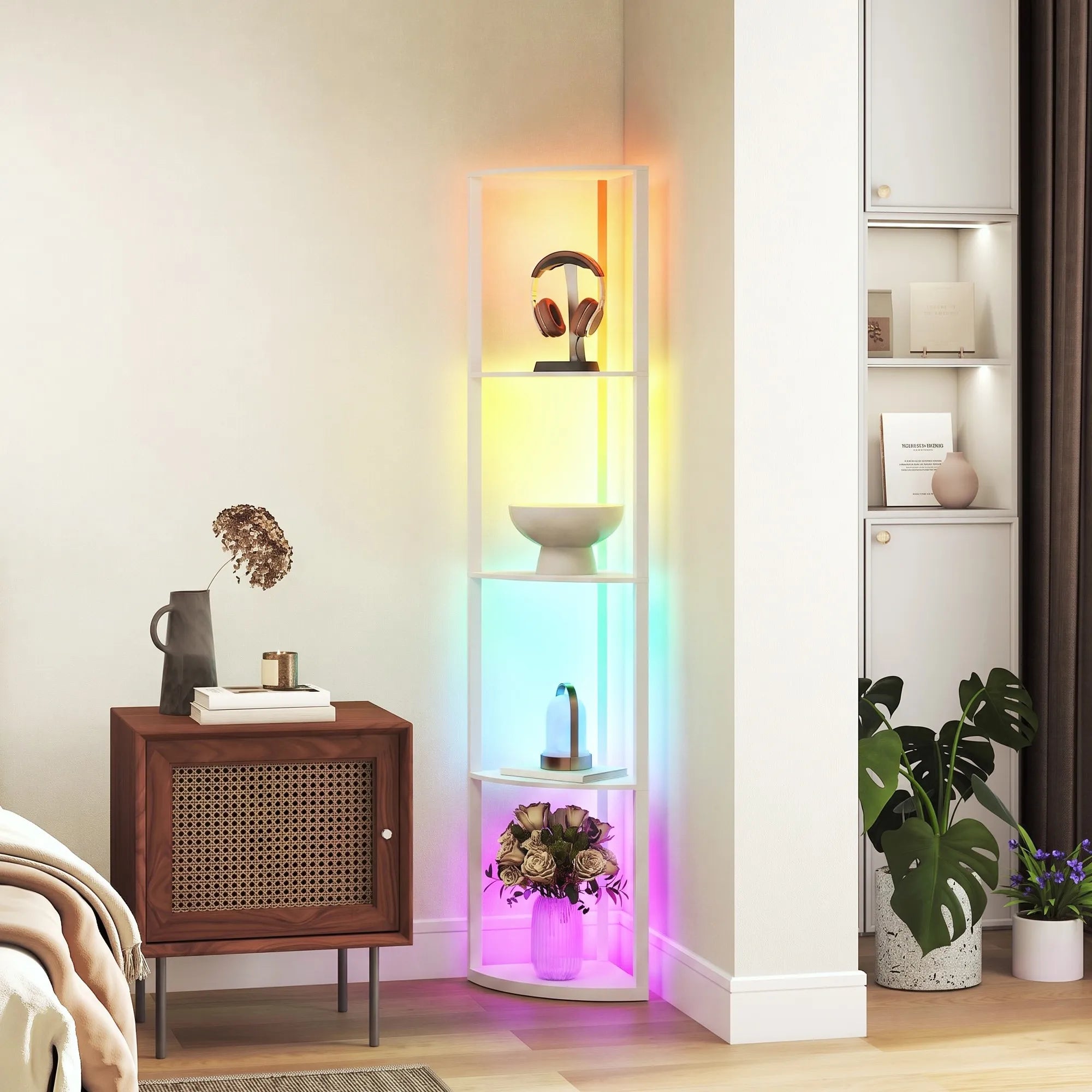 Toršeras su lentynėlėmis, RGB apšvietimas, 5 lentynos, baltas
