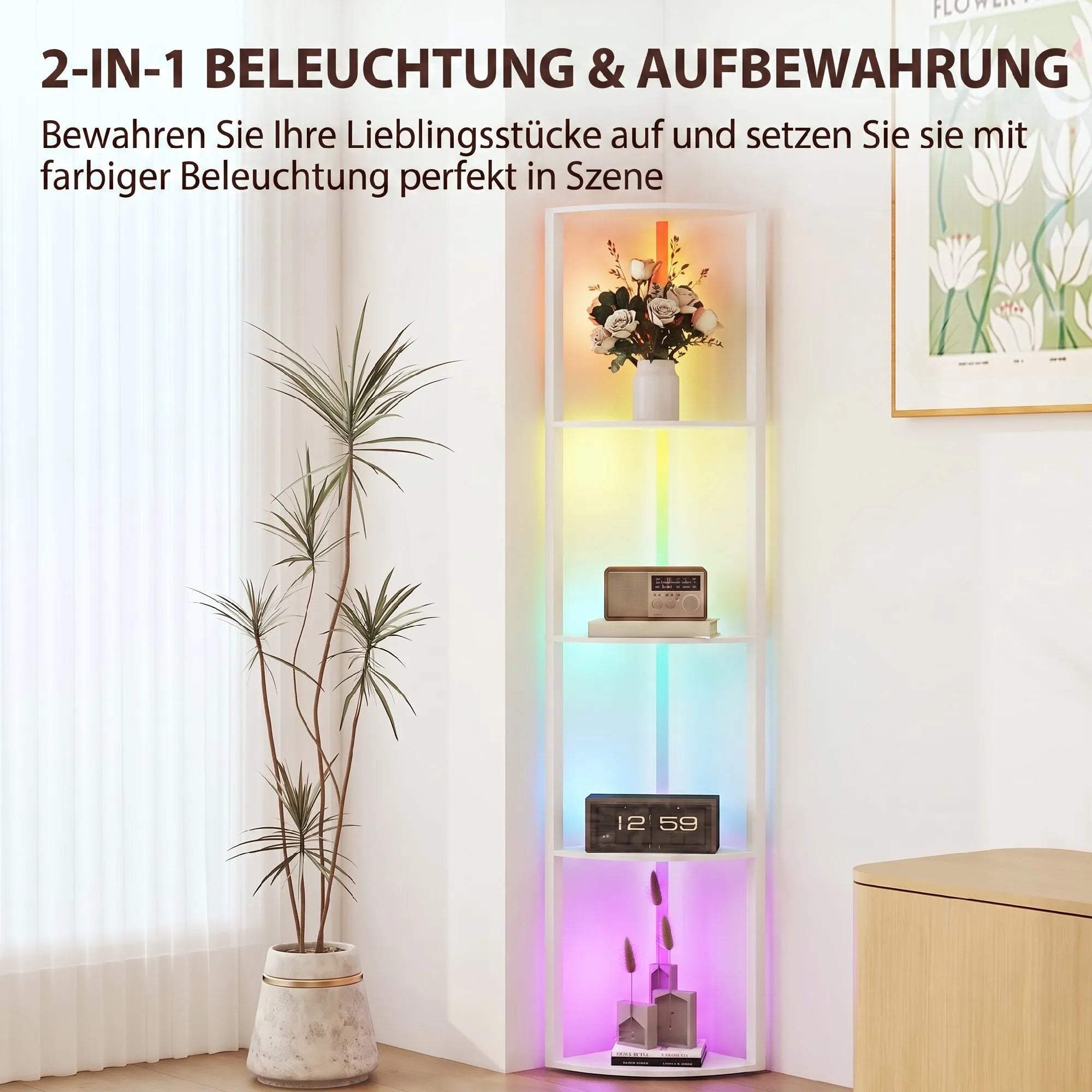 Toršeras su lentynėlėmis, RGB apšvietimas, 5 lentynos, baltas
