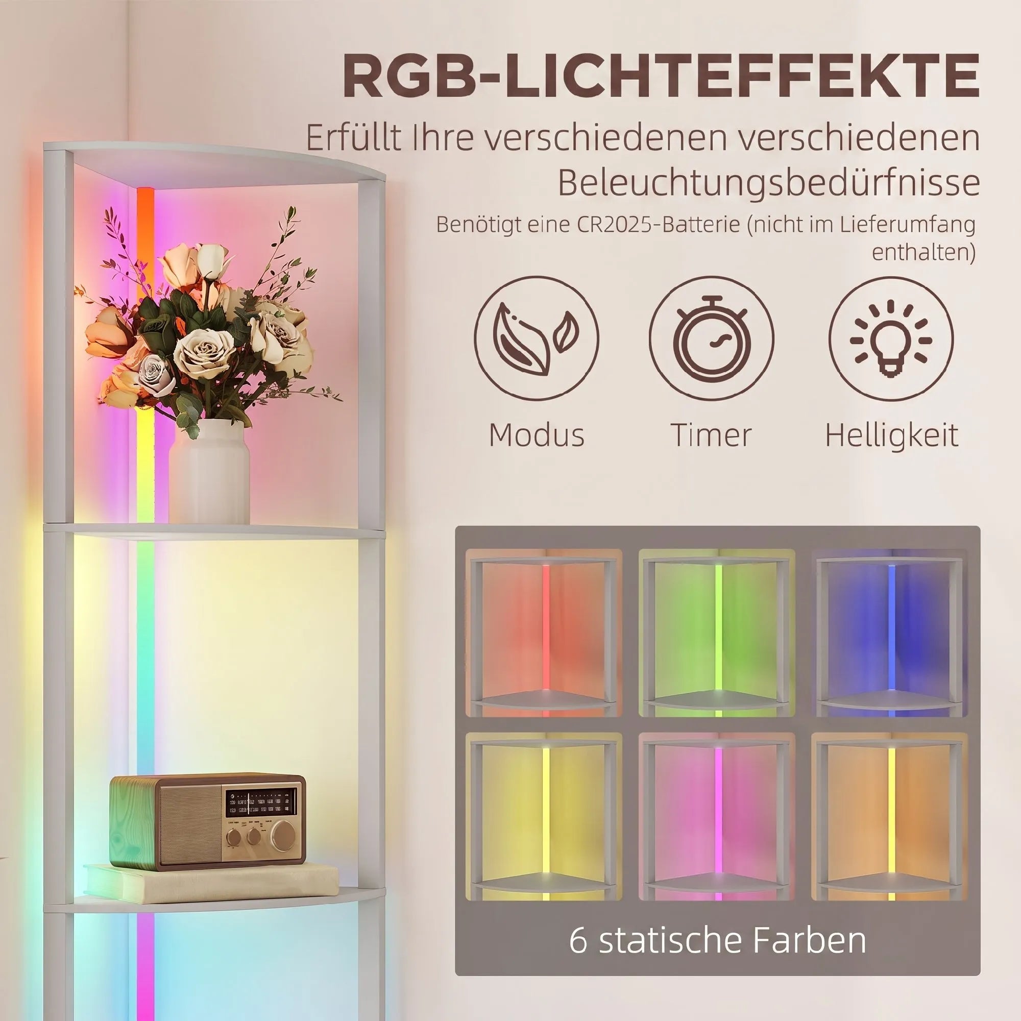 RGB apšvietimo spalvų parinkčių lentelė su šešiomis spalvomis